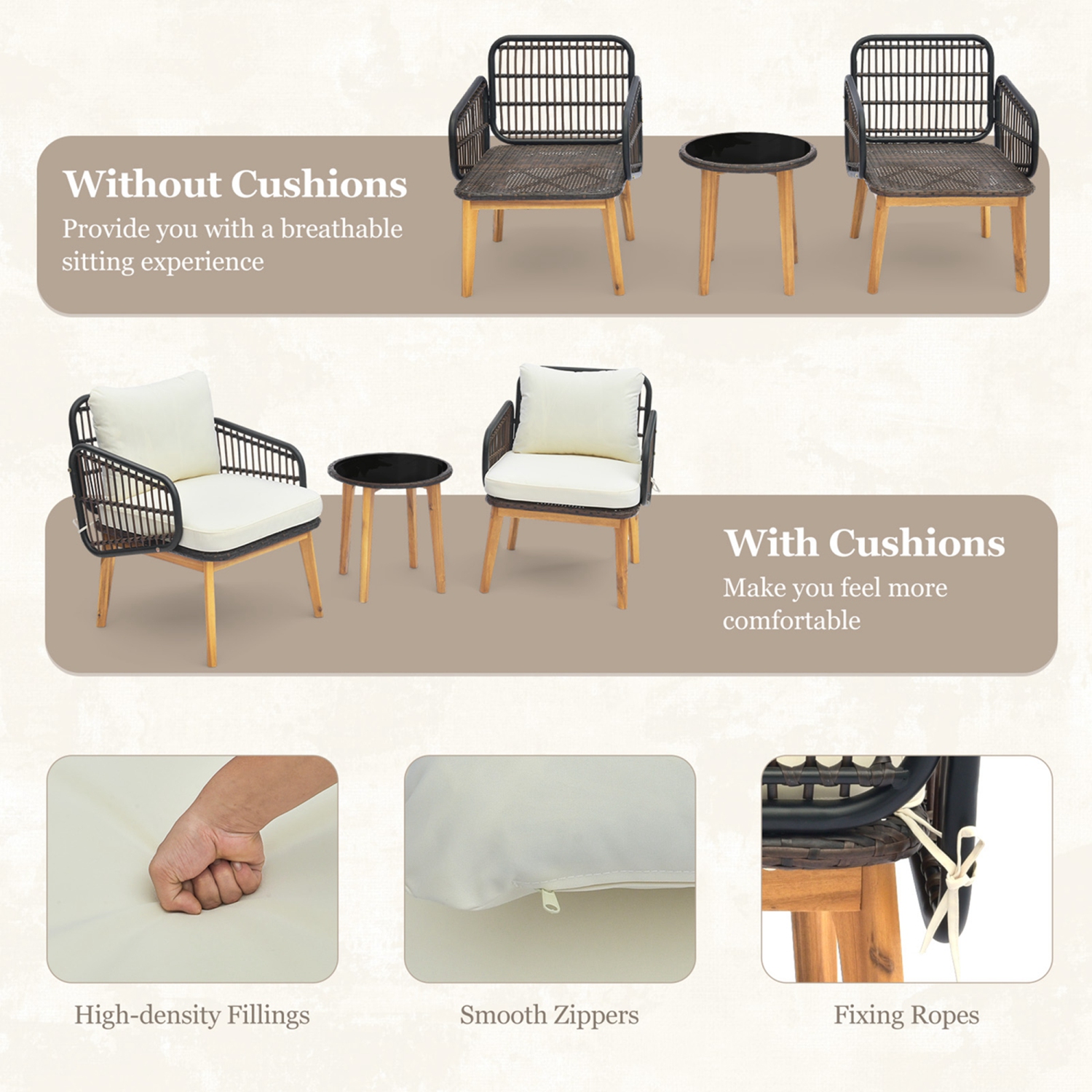 Costway 3 PCS Patio Furniture Set with Cushioned Chairs and Tempered Glass Side Table