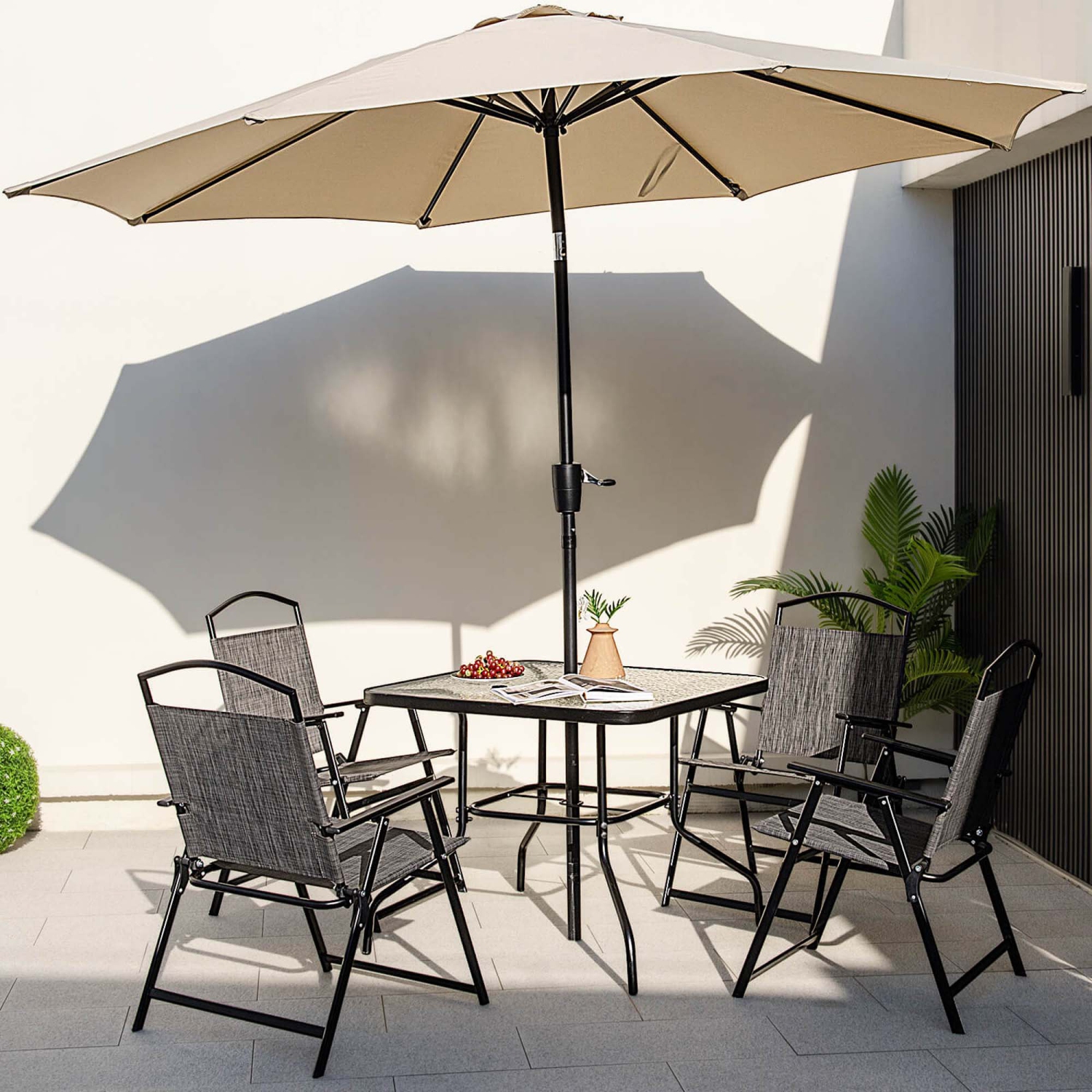 Costway Patio Dining Set for 4 Folding Chairs & Dining Table Set with Umbrella Hole