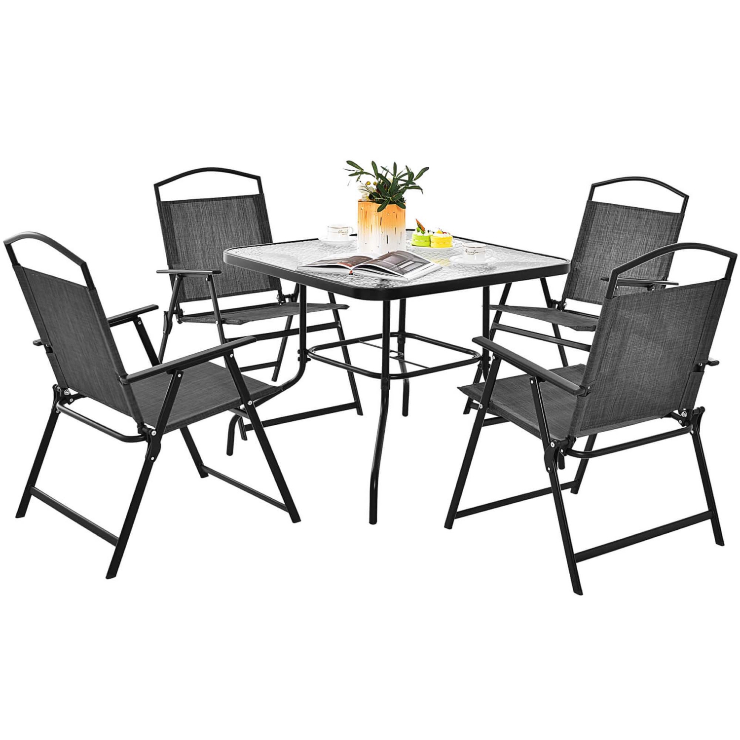 Costway Patio Dining Set for 4 Folding Chairs & Dining Table Set with Umbrella Hole