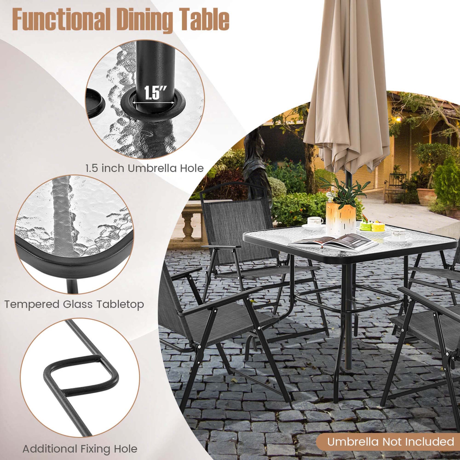 Costway Patio Dining Set for 4 Folding Chairs & Dining Table Set with Umbrella Hole