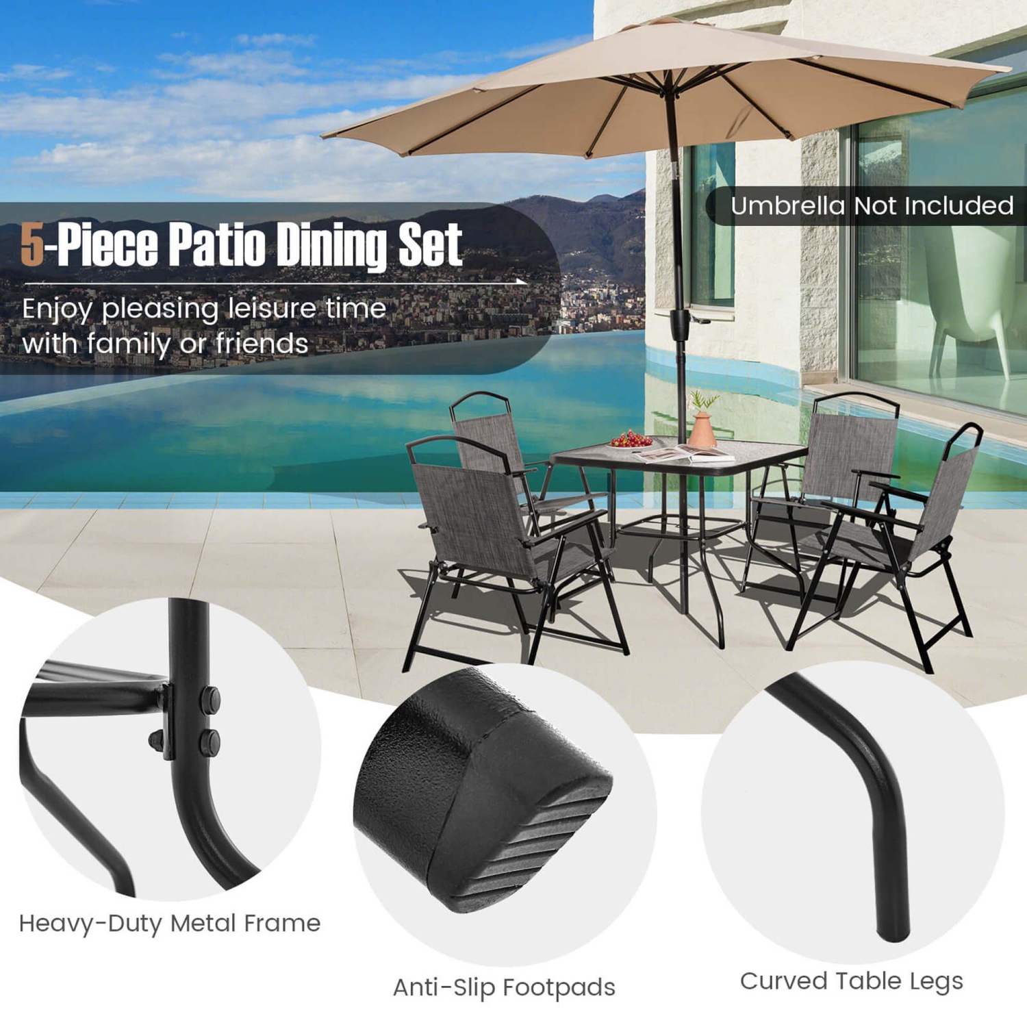 Costway Patio Dining Set for 4 Folding Chairs & Dining Table Set with Umbrella Hole