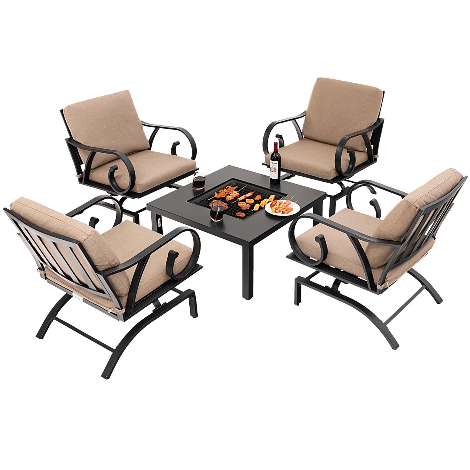 Costway 5pcs Patio Rocking Chairs 4-in-1 Fire Pit Table Heavy-Duty Conversation Outdoor
