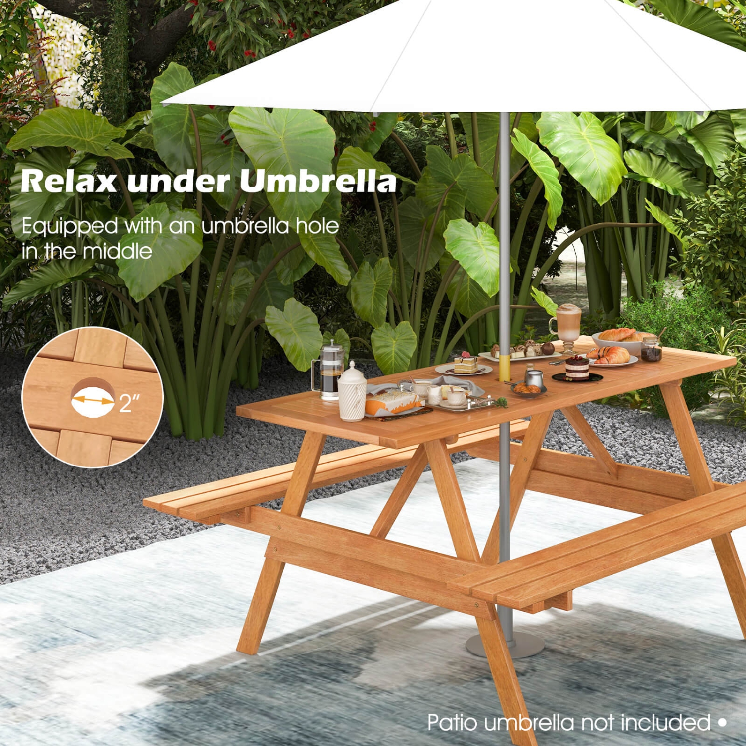 Ensemble avec table à pique-nique pour 6 personnes avec table de patio 2 bancs intégrés trou de parasol de 2 po de Costway
