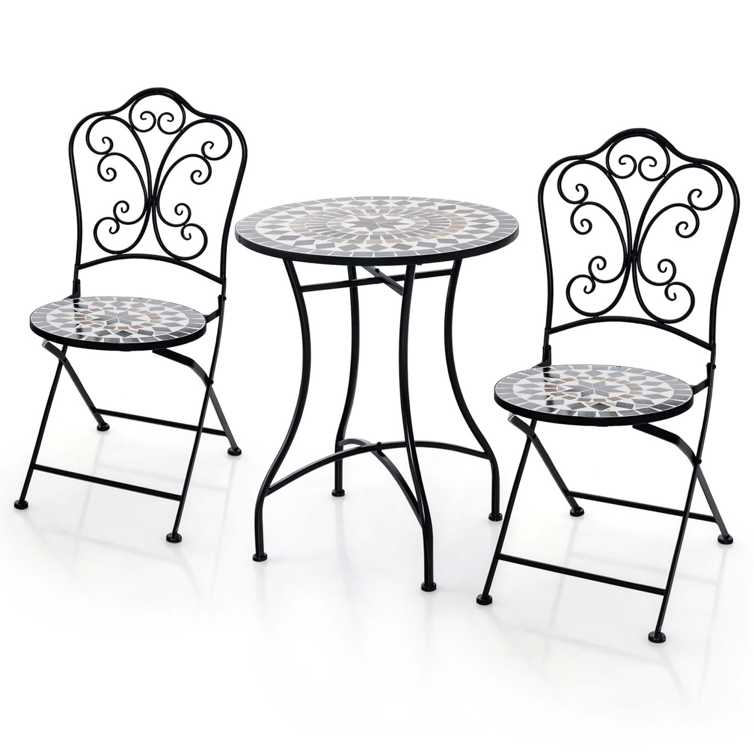 Ensemble bistro de patio de 3pcs pièces à motif mosaïque de Costway pour salle à manger extérieure pliante en métal robuste