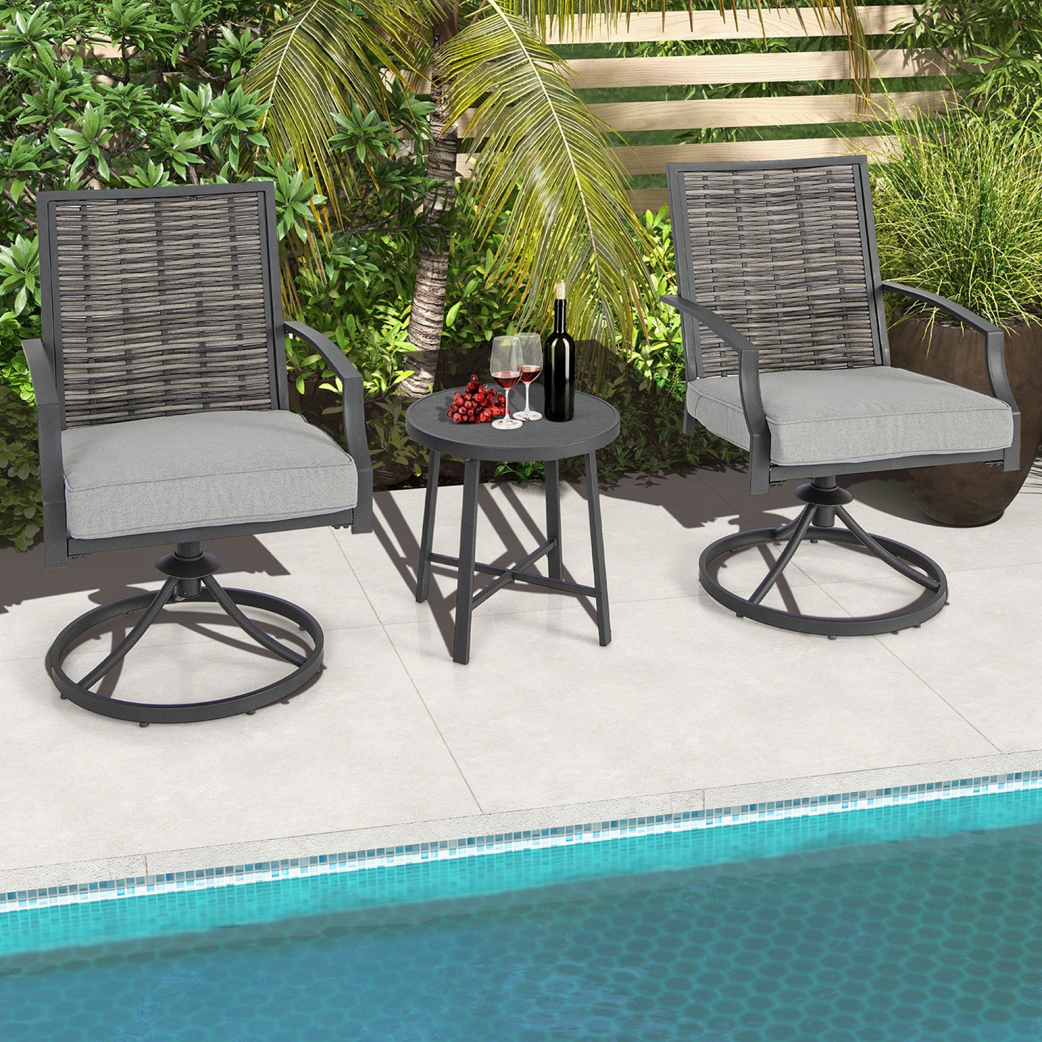 Costway 3 PCS Patio Swivel Chair Set Coffee Table Wicker Cushioned Seat Balcony Porch
