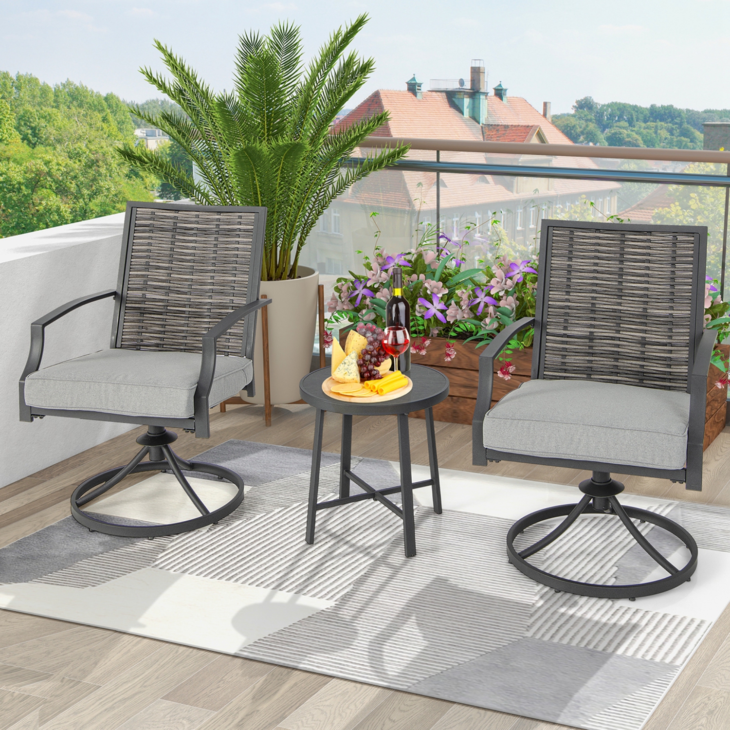 Costway 3 PCS Patio Swivel Chair Set Coffee Table Wicker Cushioned Seat Balcony Porch