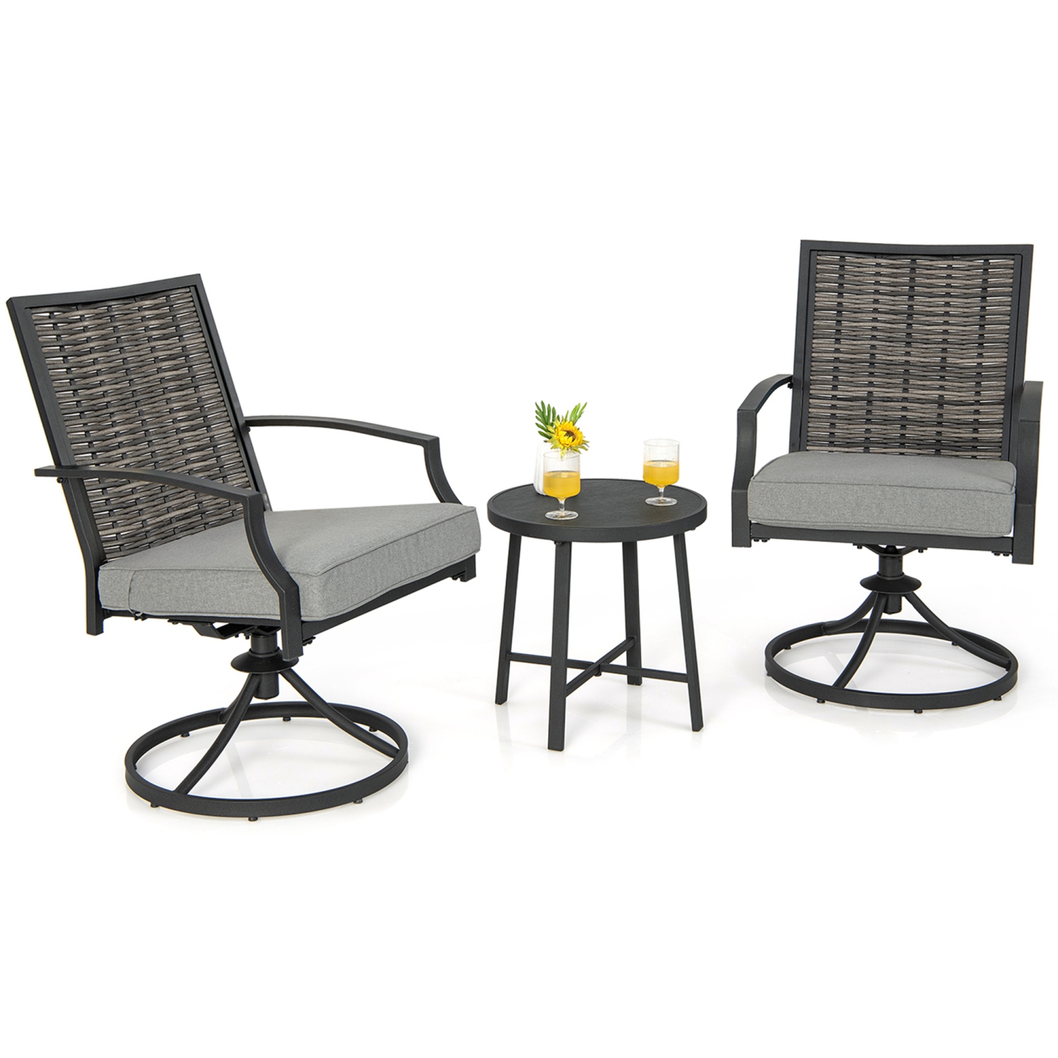 Costway 3 PCS Patio Swivel Chair Set Coffee Table Wicker Cushioned Seat Balcony Porch
