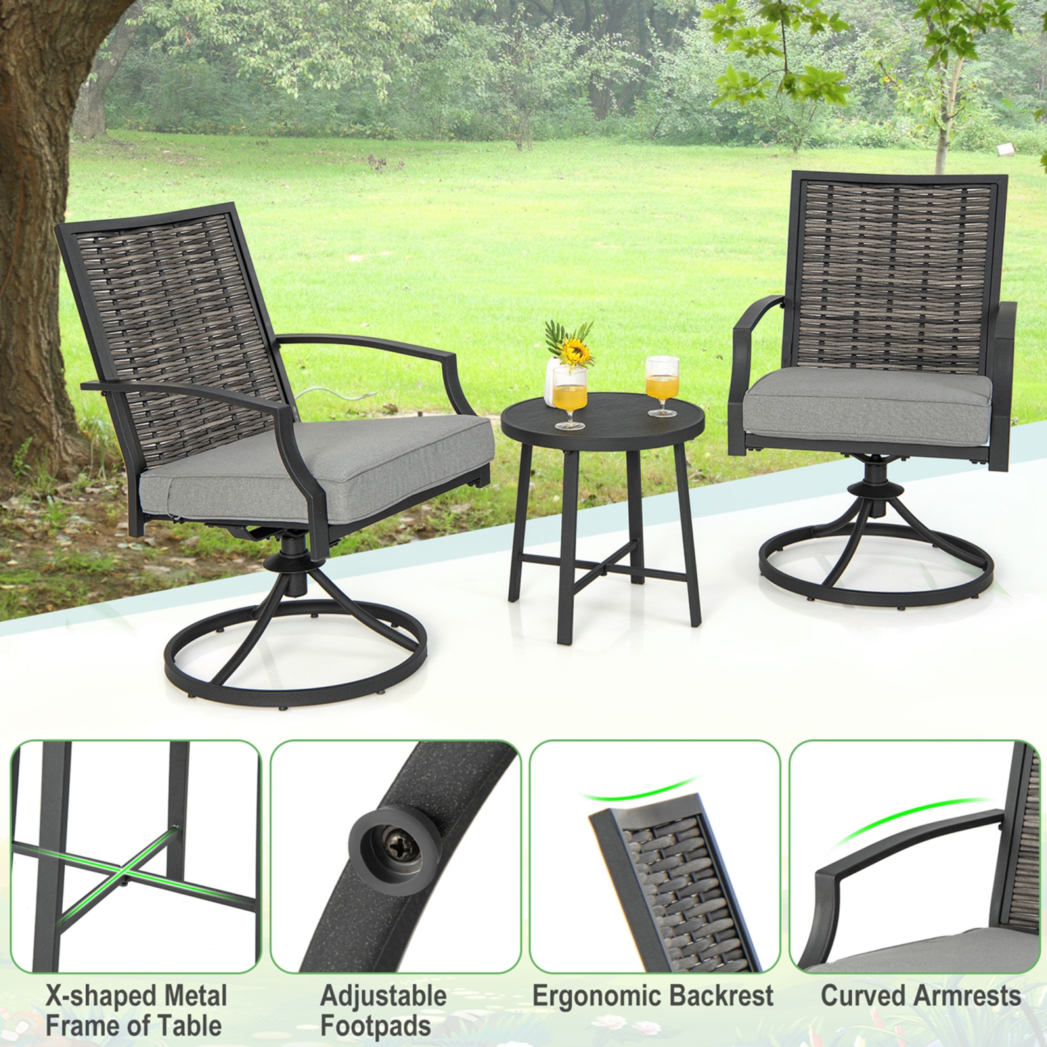 Costway 3 PCS Patio Swivel Chair Set Coffee Table Wicker Cushioned Seat Balcony Porch