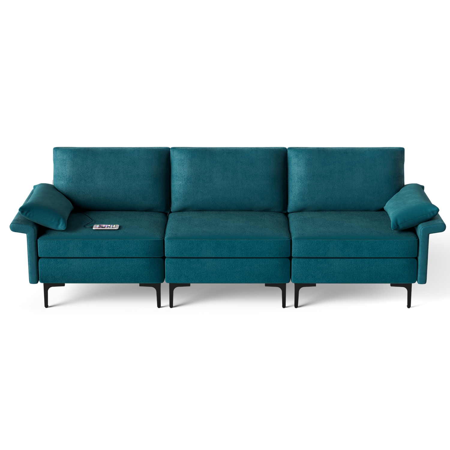 Costway Modern Modular Fabric 3-Seat Sofa Couch w/ Socket USB Ports & Metal Legs Blue