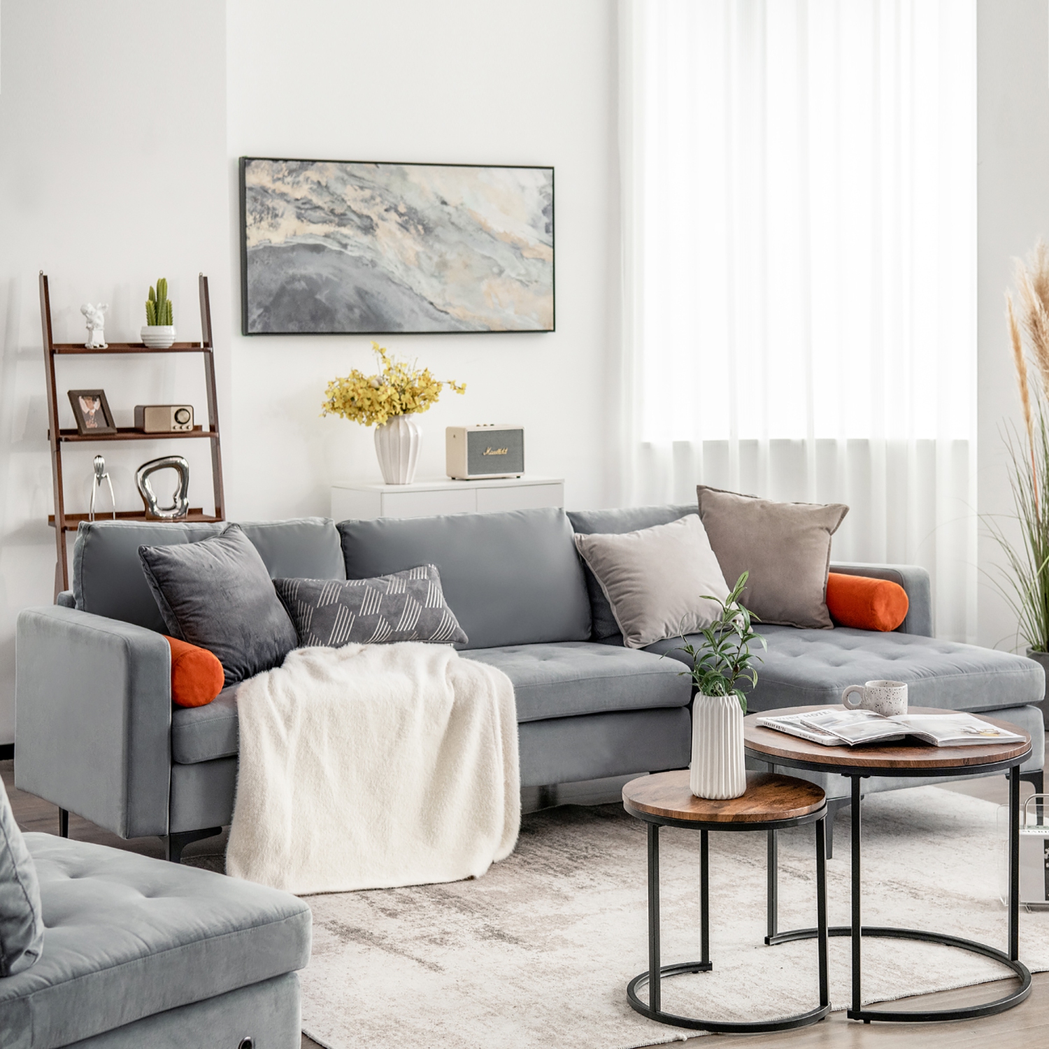 Costway Modular L-shaped Sectional Sofa with Reversible Chaise & 2 USB Ports Ash Grey