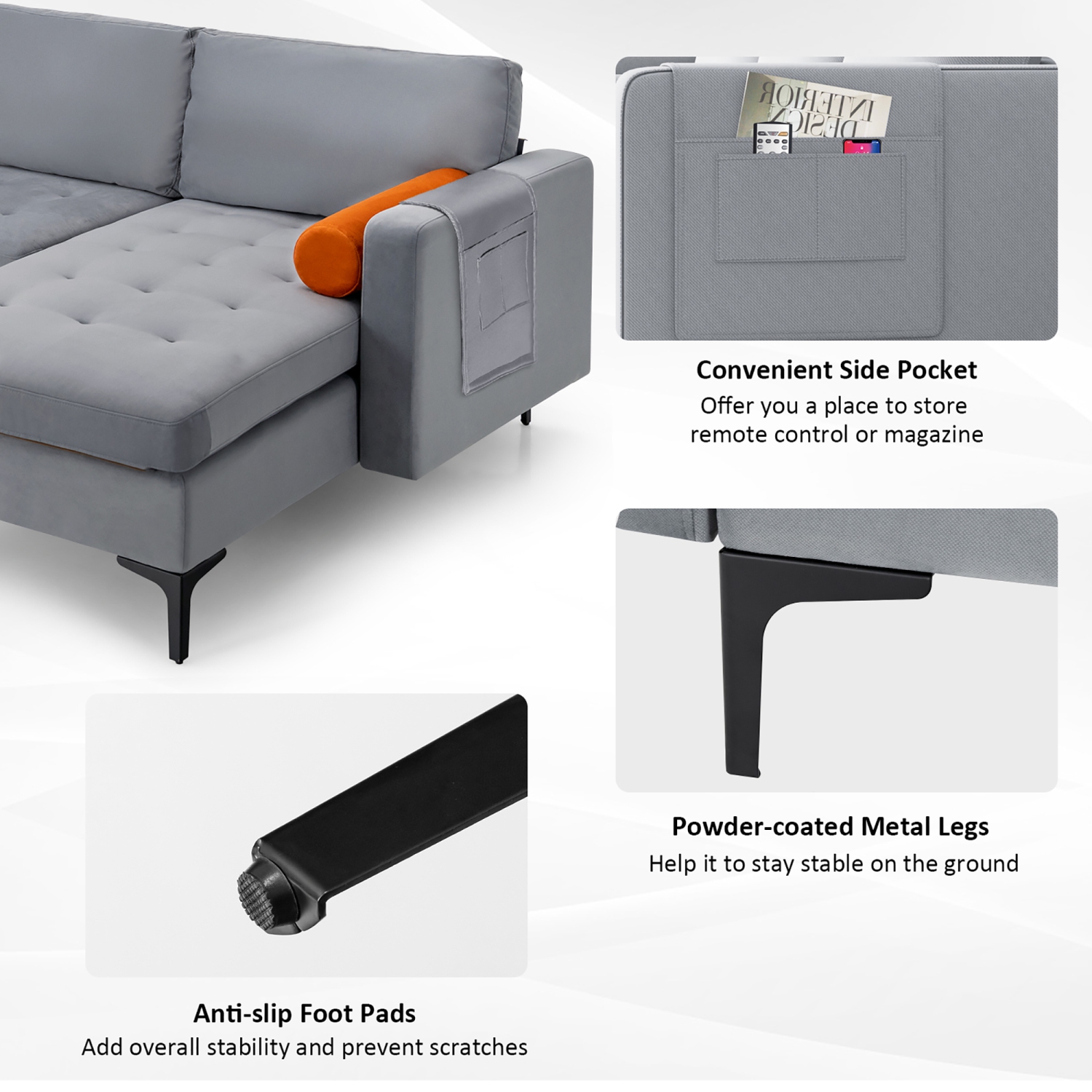 Costway Modular L-shaped Sectional Sofa with Reversible Chaise & 2 USB Ports Ash Grey