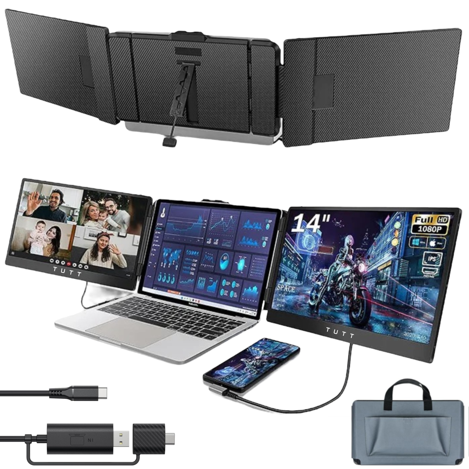 TUTT S2 FHD 14” Portable Laptop Monitor Screen Triple Extender 1080P IPS Built-in Stand and Speakers, HDMI/Type-C Plug and Play Display for 13"-17" Laptops Mac Window Android Linux