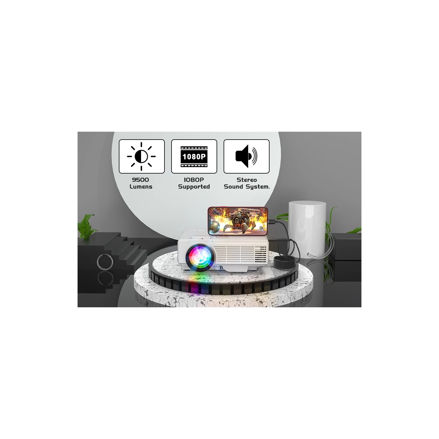 Projecteur 2023 avec écran de 100 po - Mini projecteur Bluetooth, 9500 lumens, HD intégrale 1080P pour les films extérieurs - compatible avec TV