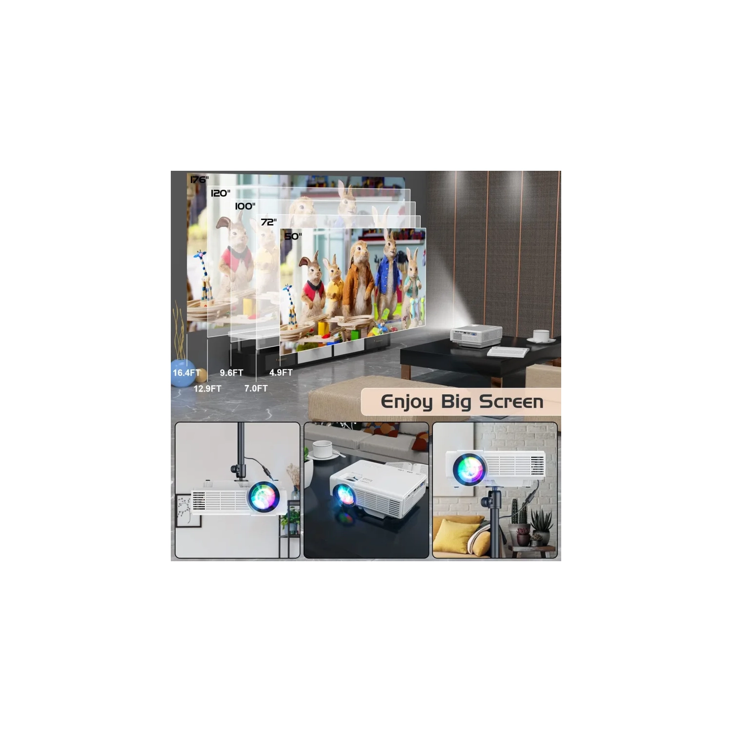 Projecteur 2023 avec écran de 100 po - Mini projecteur Bluetooth, 9500 lumens, HD intégrale 1080P pour les films extérieurs - compatible avec TV