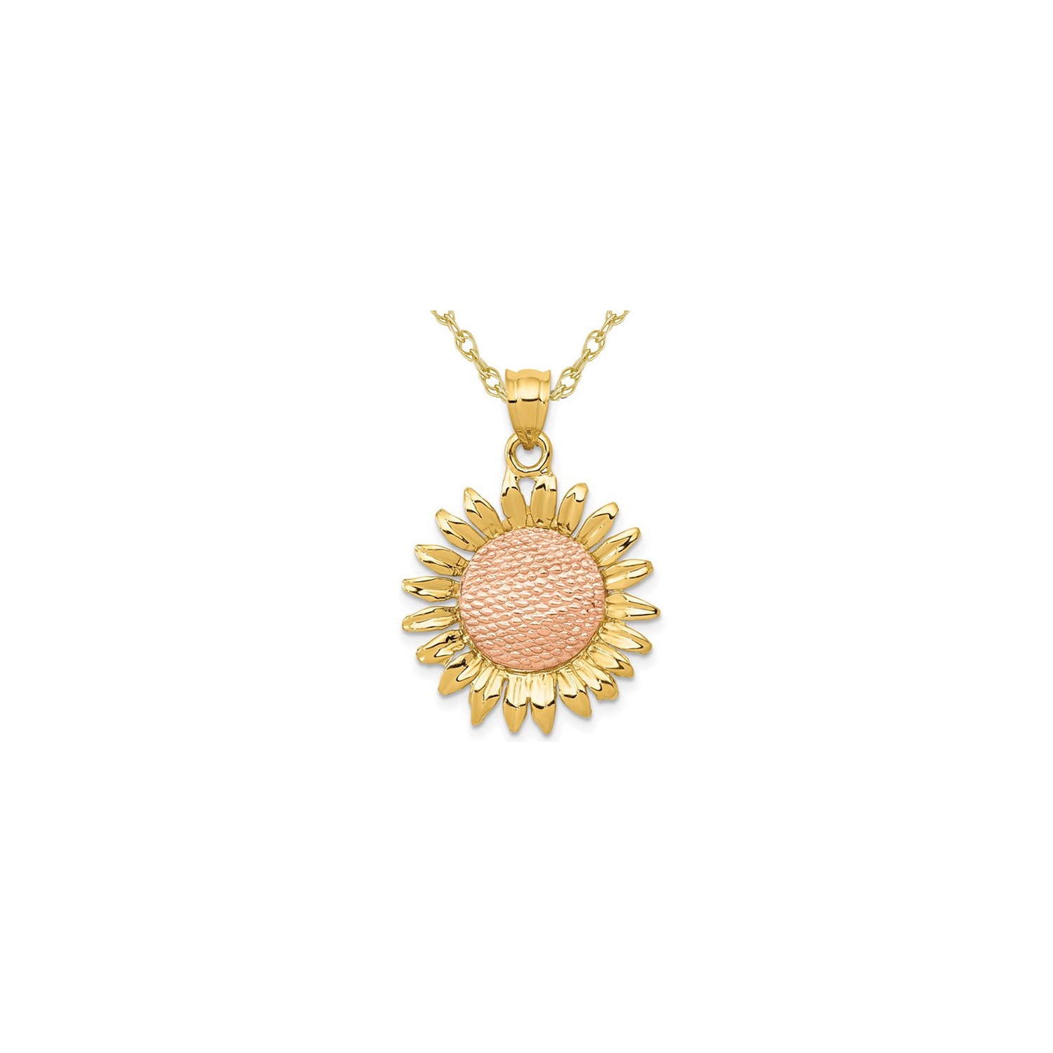 14K Yellow and Pink Gold Sunflower Charm Pendant Necklace with Chain
