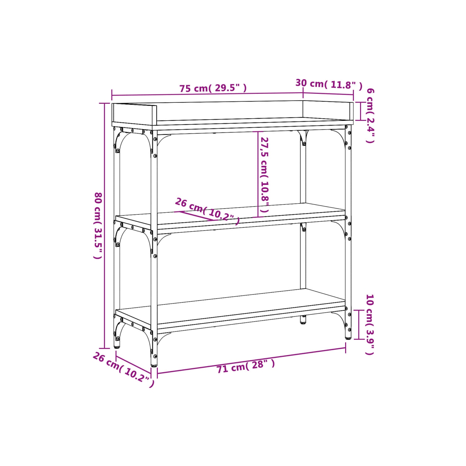 vidaXL Console Table with Shelves Brown Oak 75x30x80 cm