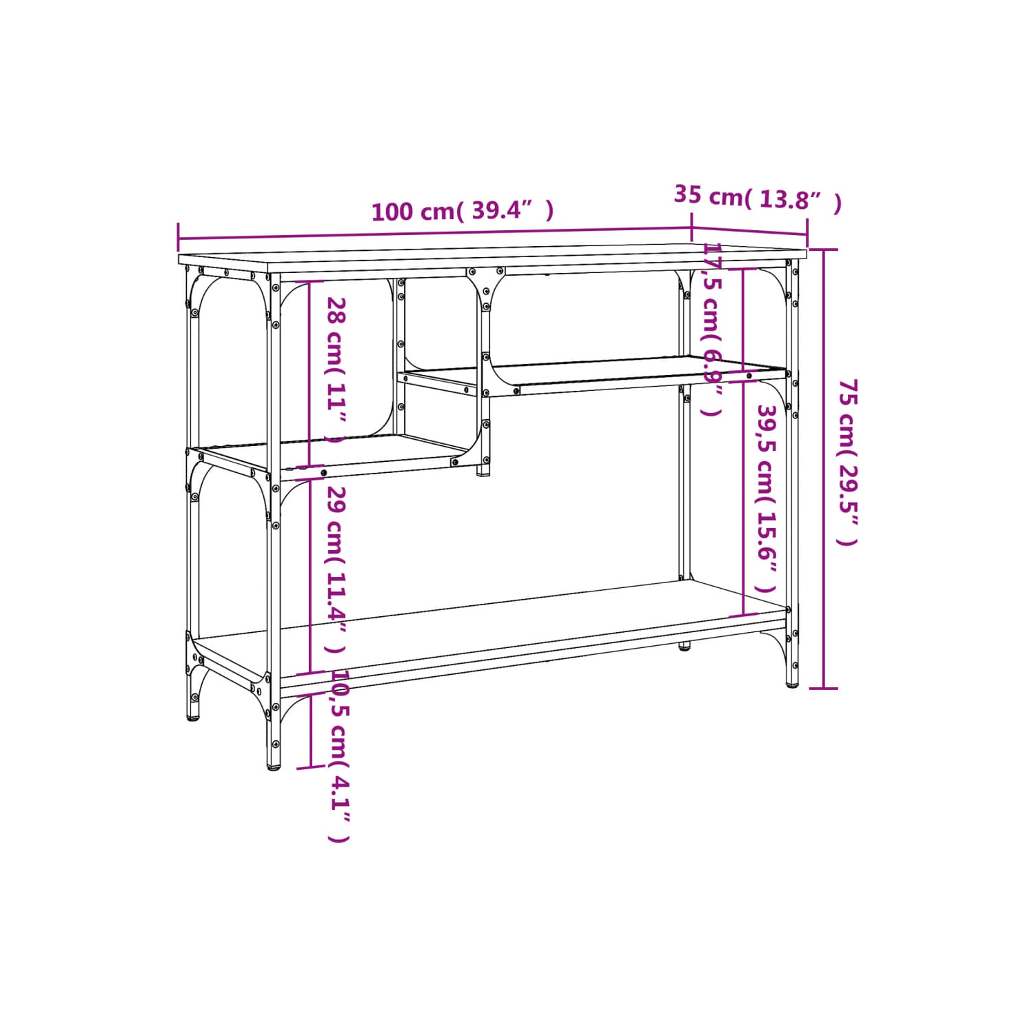vidaXL Console Table with Shelves Black 100x35x75 cm