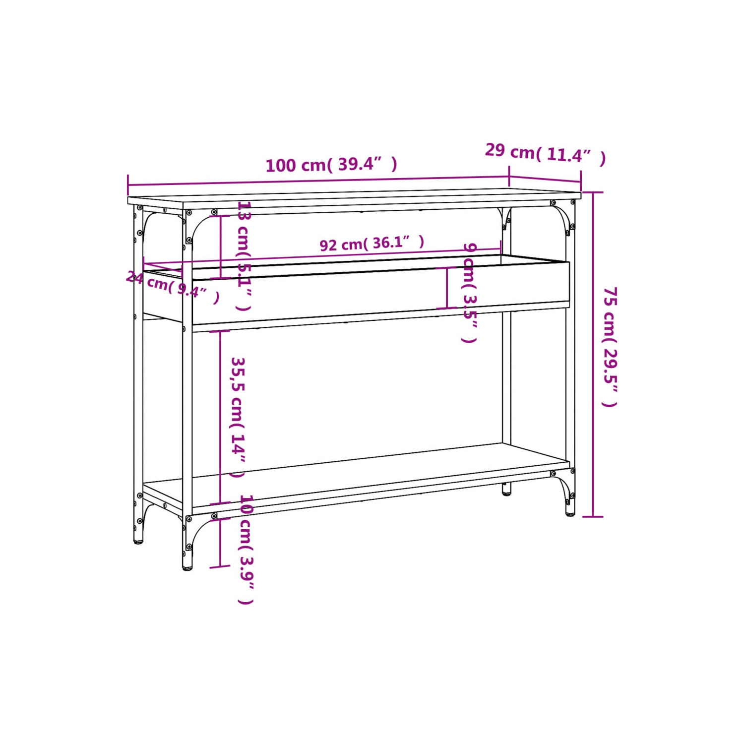 vidaXL Console Table with Shelf Brown Oak 100x29x75cm Engineered Wood