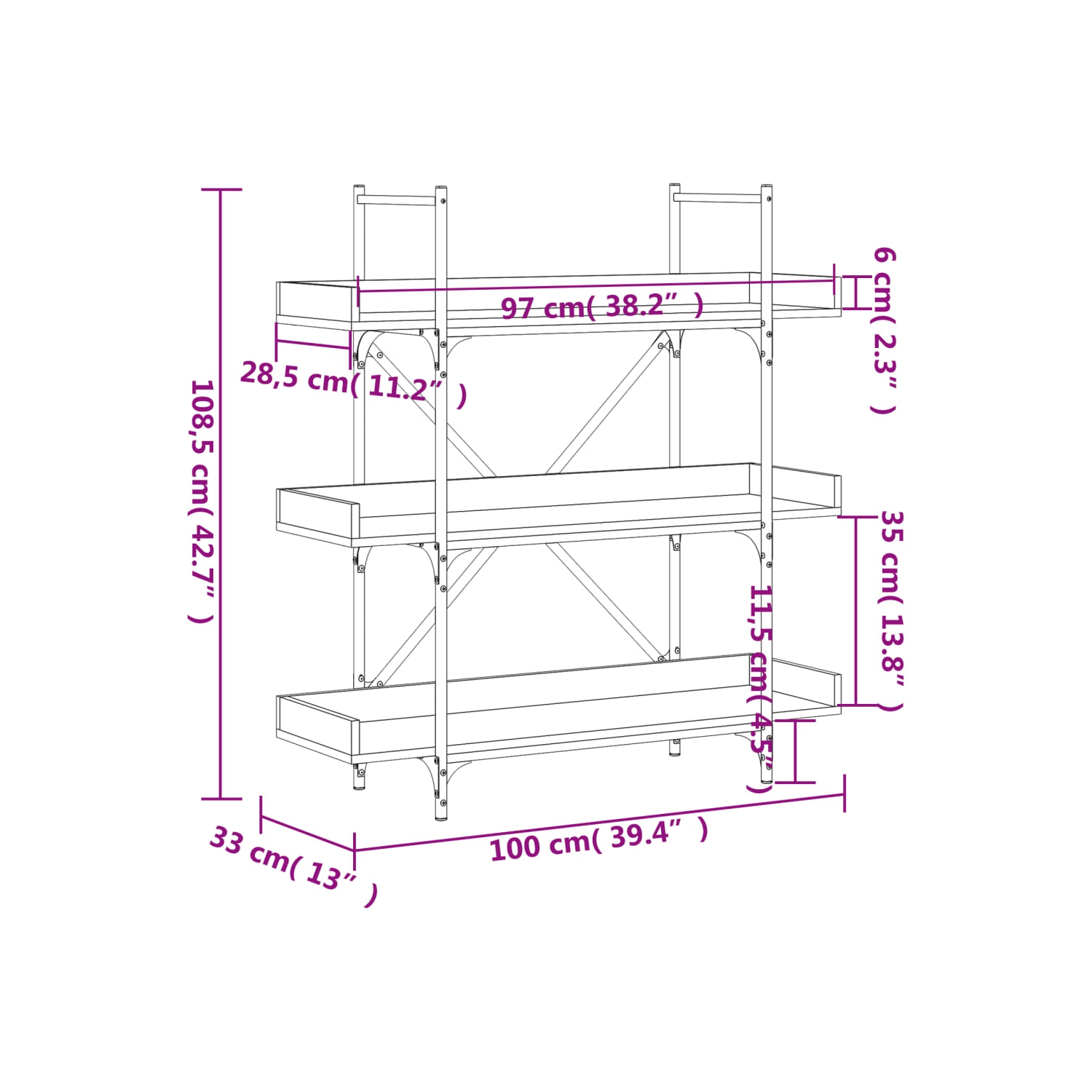 vidaXL Bookcase 3-Tier Black 100x33x108.5 cm Engineered Wood