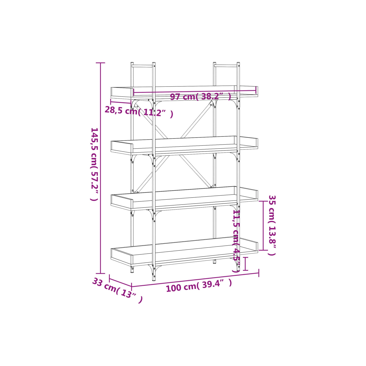 vidaXL Bookcase 4-Tier Black 100x33x145.5 cm Engineered Wood