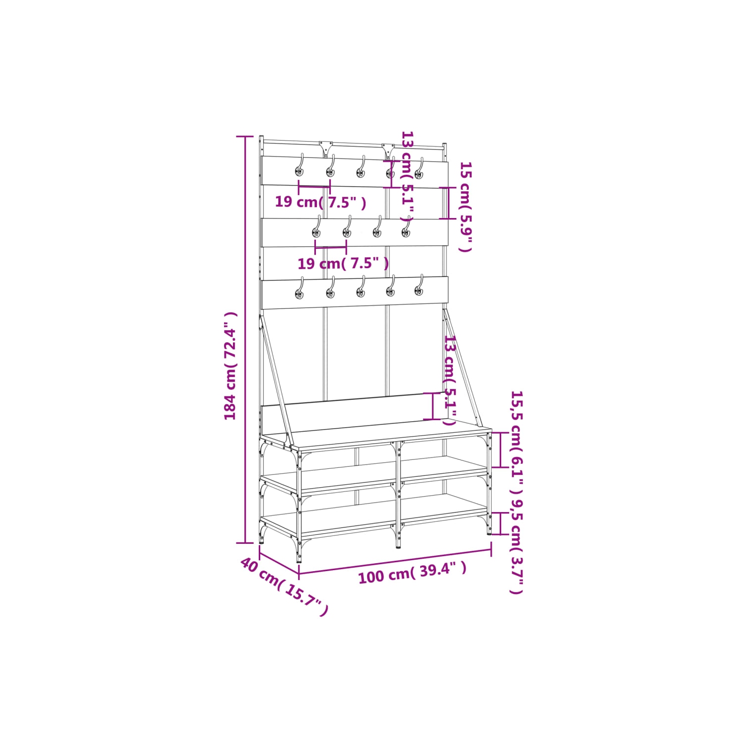 Support à vêtements avec rangement pour chaussures vidaXL noir 100 x 40 x 40 x 184 cm