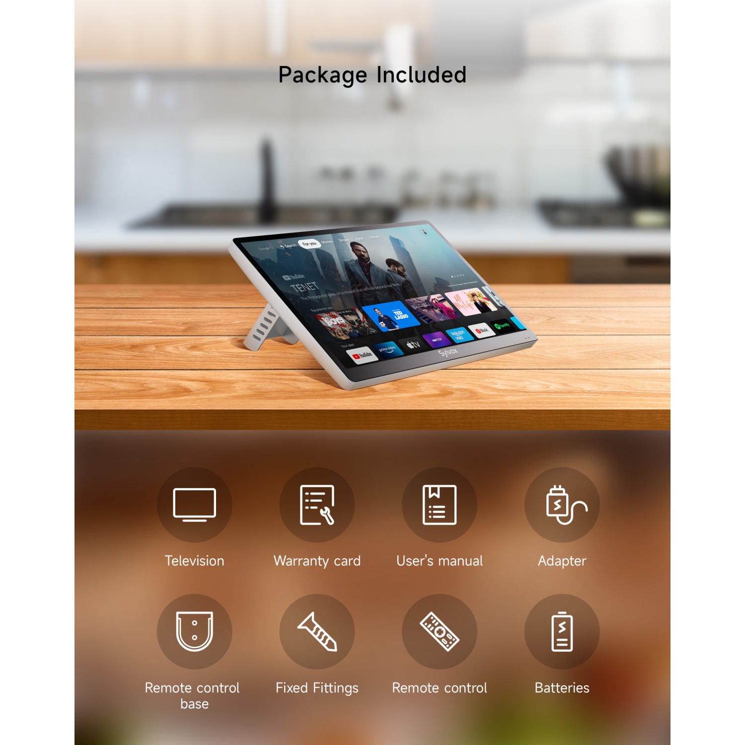 SYLVOX 15.6" Smart Kitchen TV, 1080P FHD Flap-Down Under Cabinet TV, Newest Google TV with App Store, Google Assistant, Chromecast, 12-Volt Smart TV