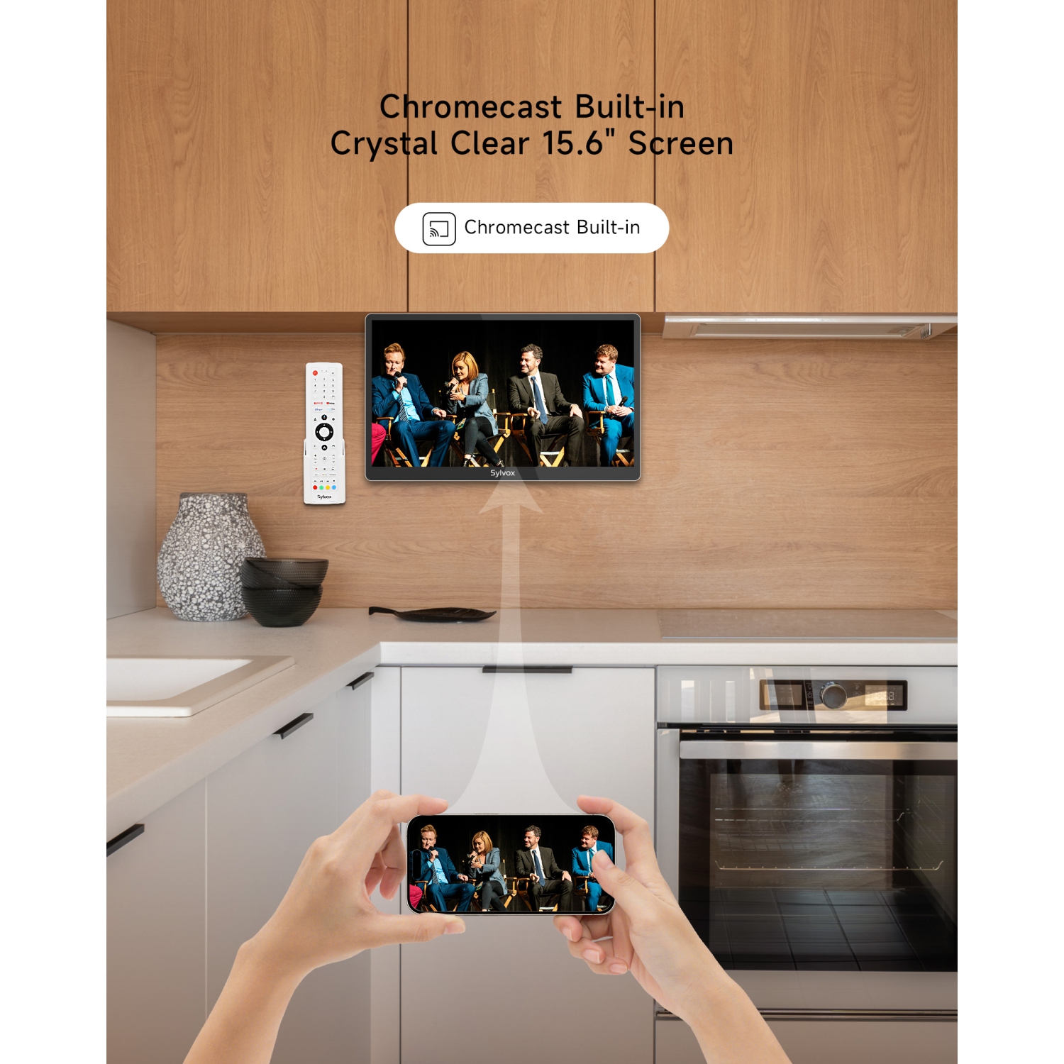 SYLVOX 15.6" Smart Kitchen TV, 1080P FHD Flap-Down Under Cabinet TV, Newest Google TV with App Store, Google Assistant, Chromecast, 12-Volt Smart TV
