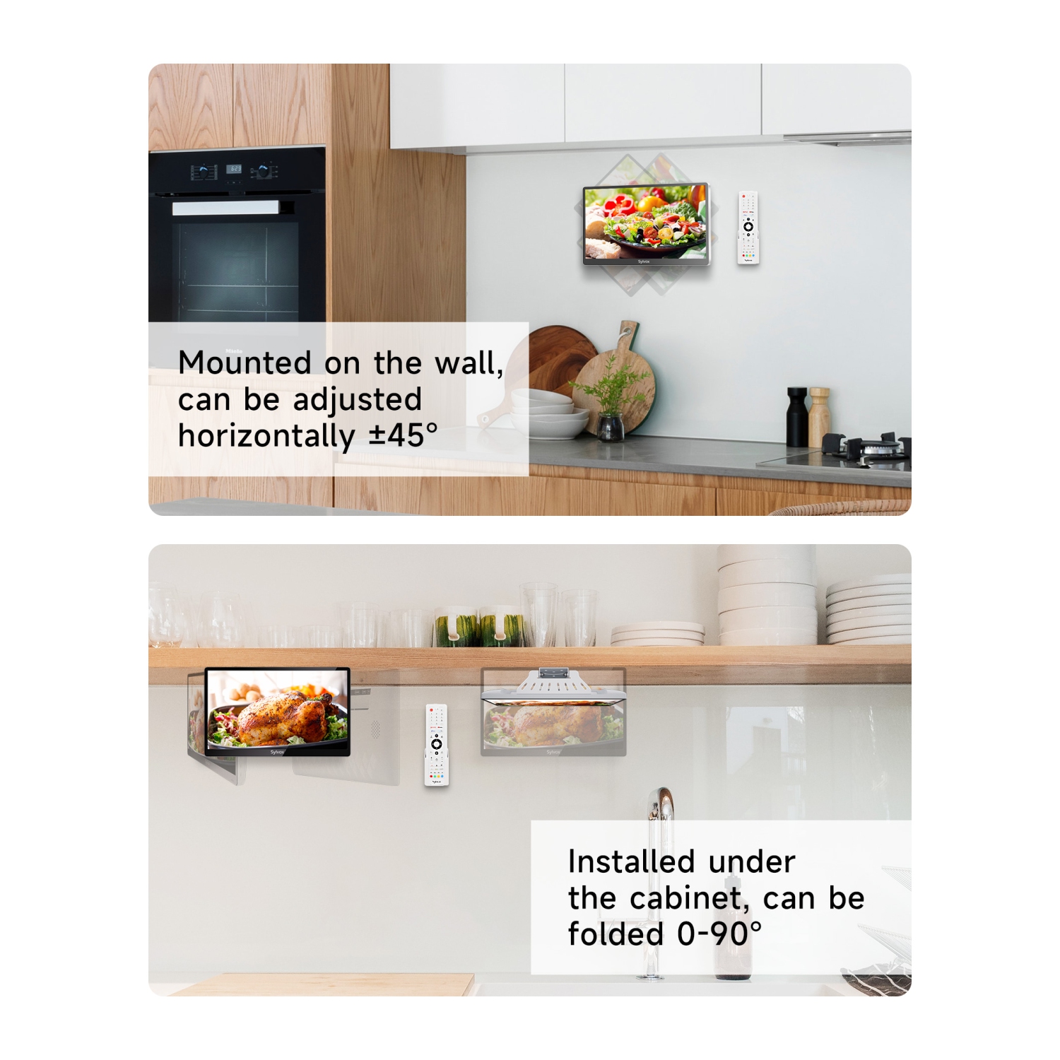 SYLVOX 15.6" Smart Kitchen TV, 1080P FHD Flap-Down Under Cabinet TV, Newest Google TV with App Store, Google Assistant, Chromecast, 12-Volt Smart TV