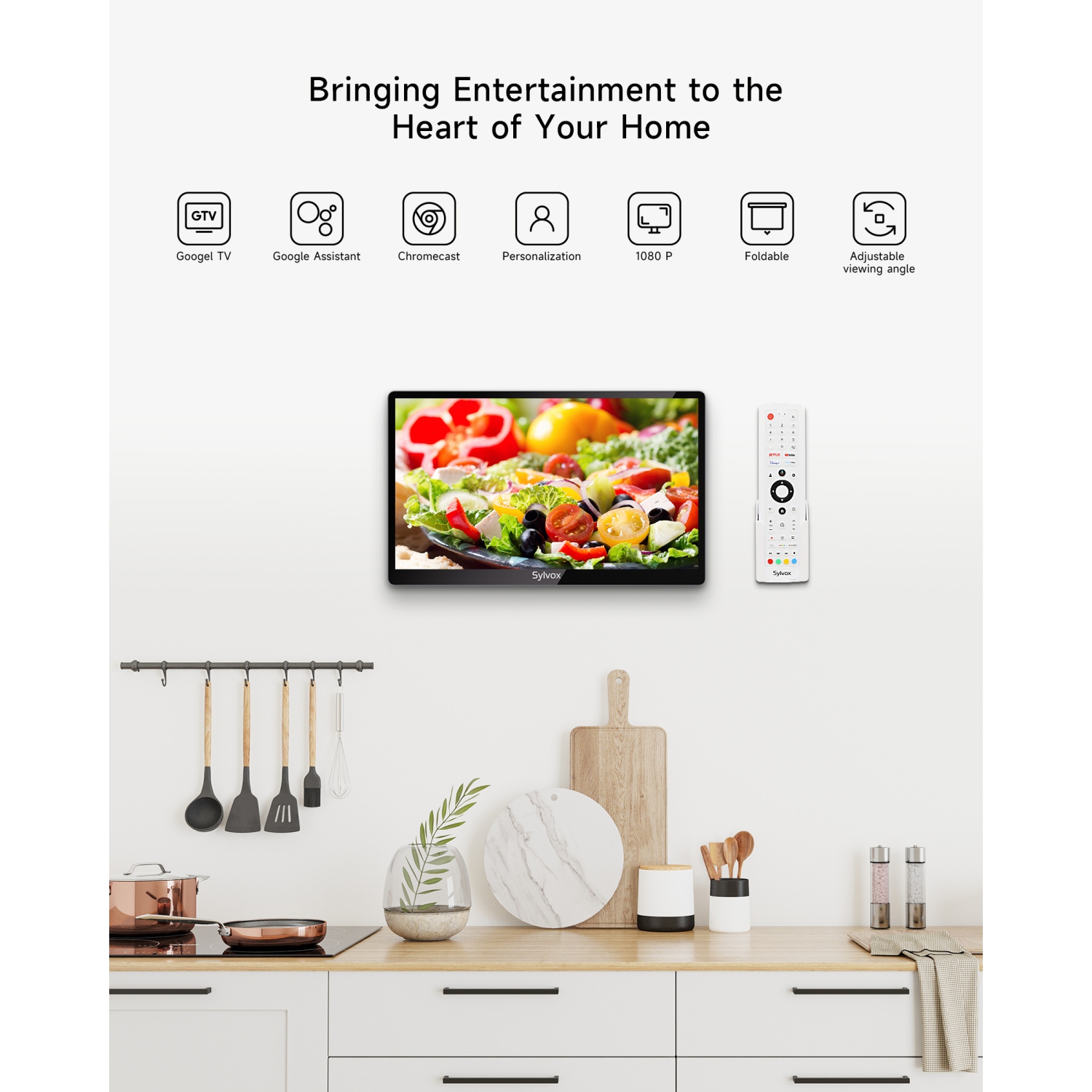 SYLVOX 15.6" Smart Kitchen TV, 1080P FHD Flap-Down Under Cabinet TV, Newest Google TV with App Store, Google Assistant, Chromecast, 12-Volt Smart TV