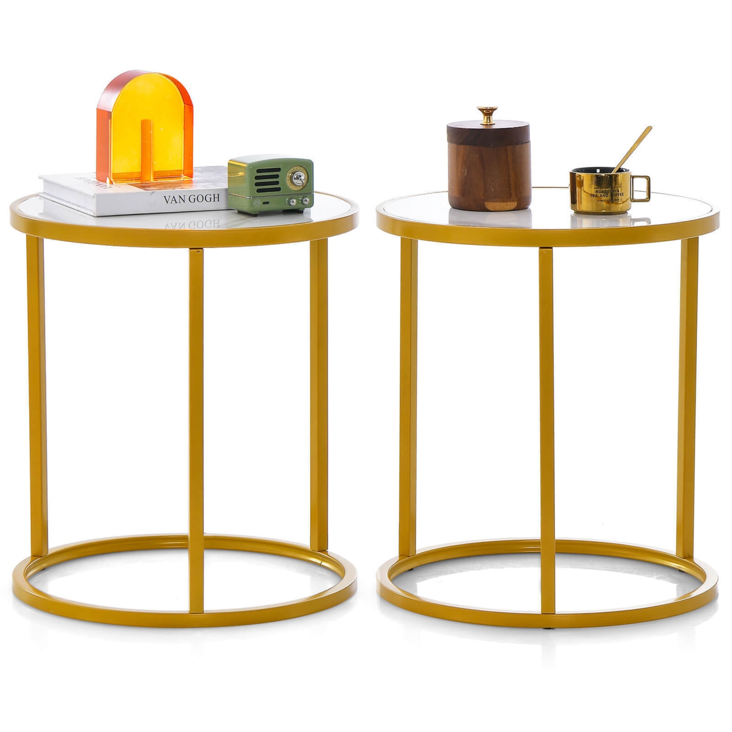 Gymax 2PCS Marble Top Round Side Table 19.5''x19.5'' End Table w/Golden Metal Frame Gold