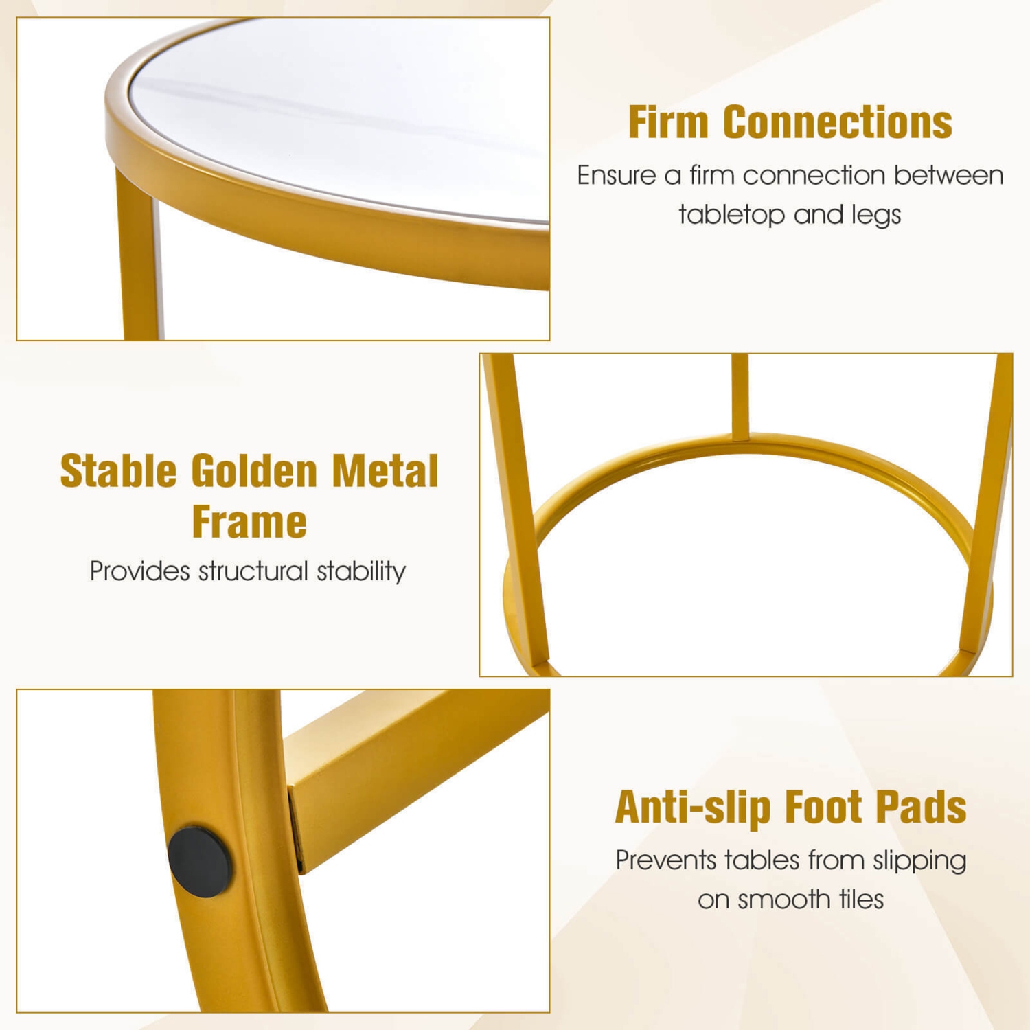 Gymax 2PCS Marble Top Round Side Table 19.5''x19.5'' End Table w/Golden Metal Frame Gold