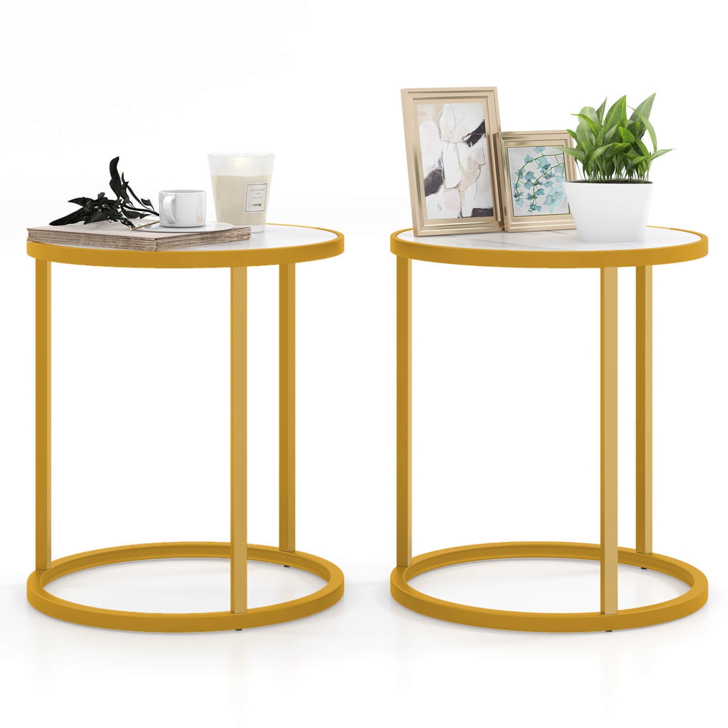 Gymax 2PCS Sintered Stone Top Round Side Table 16''x16'' End Table w/ Golden Metal Frame Gold