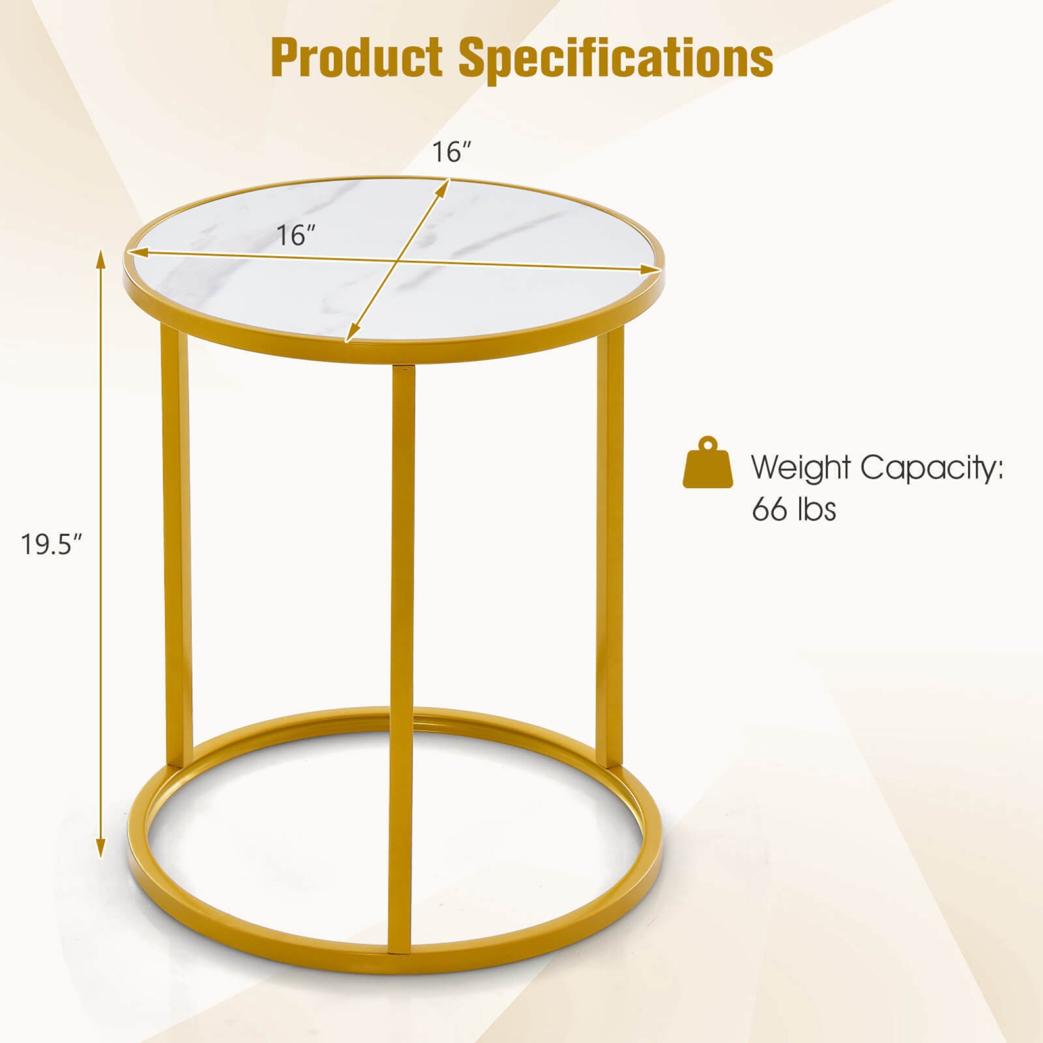 Gymax 2PCS Sintered Stone Top Round Side Table 16''x16'' End Table w/ Golden Metal Frame Gold