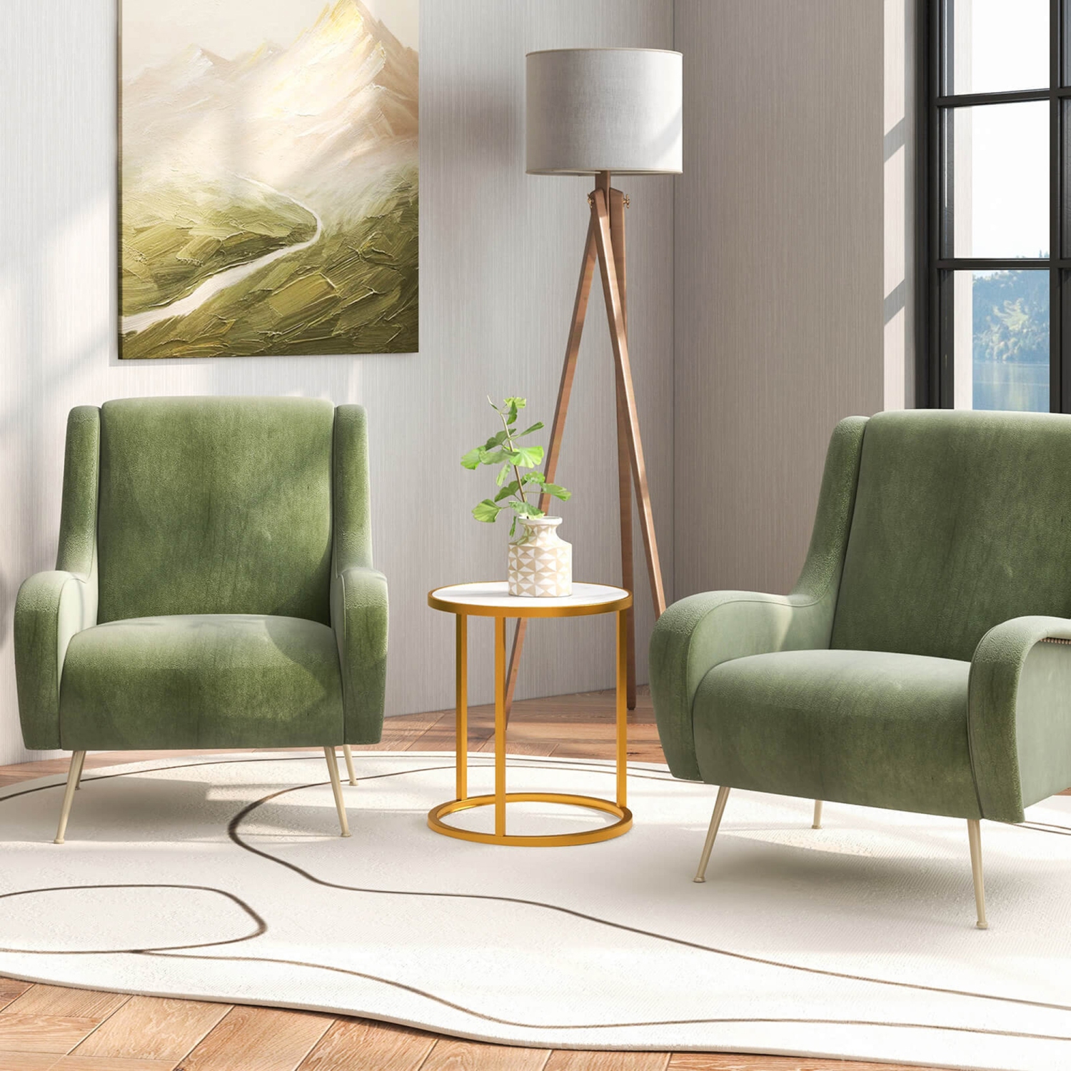 Gymax 2PCS Sintered Stone Top Round Side Table 16''x16'' End Table w/ Golden Metal Frame Gold