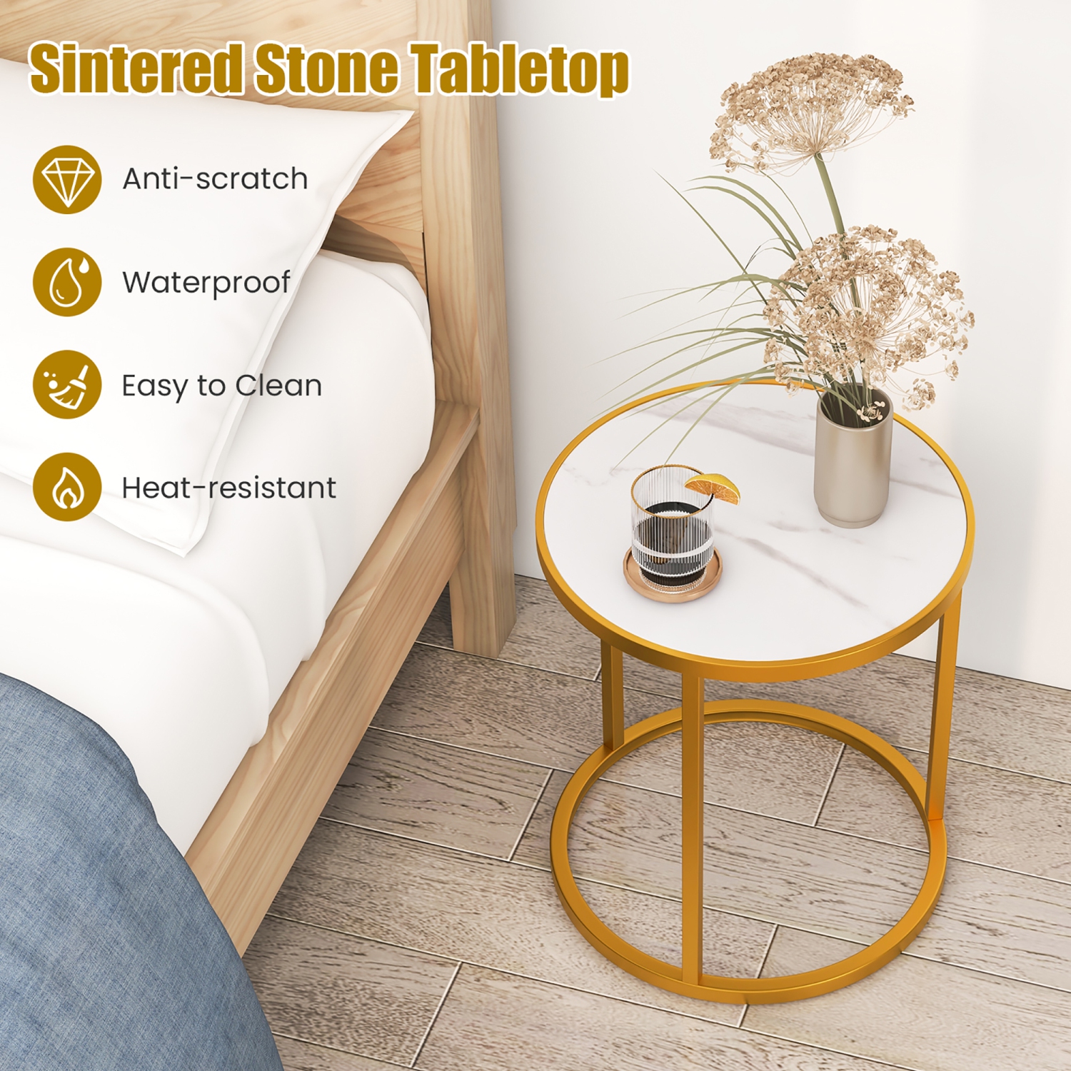 Gymax 2PCS Sintered Stone Top Round Side Table 16''x16'' End Table w/ Golden Metal Frame Gold