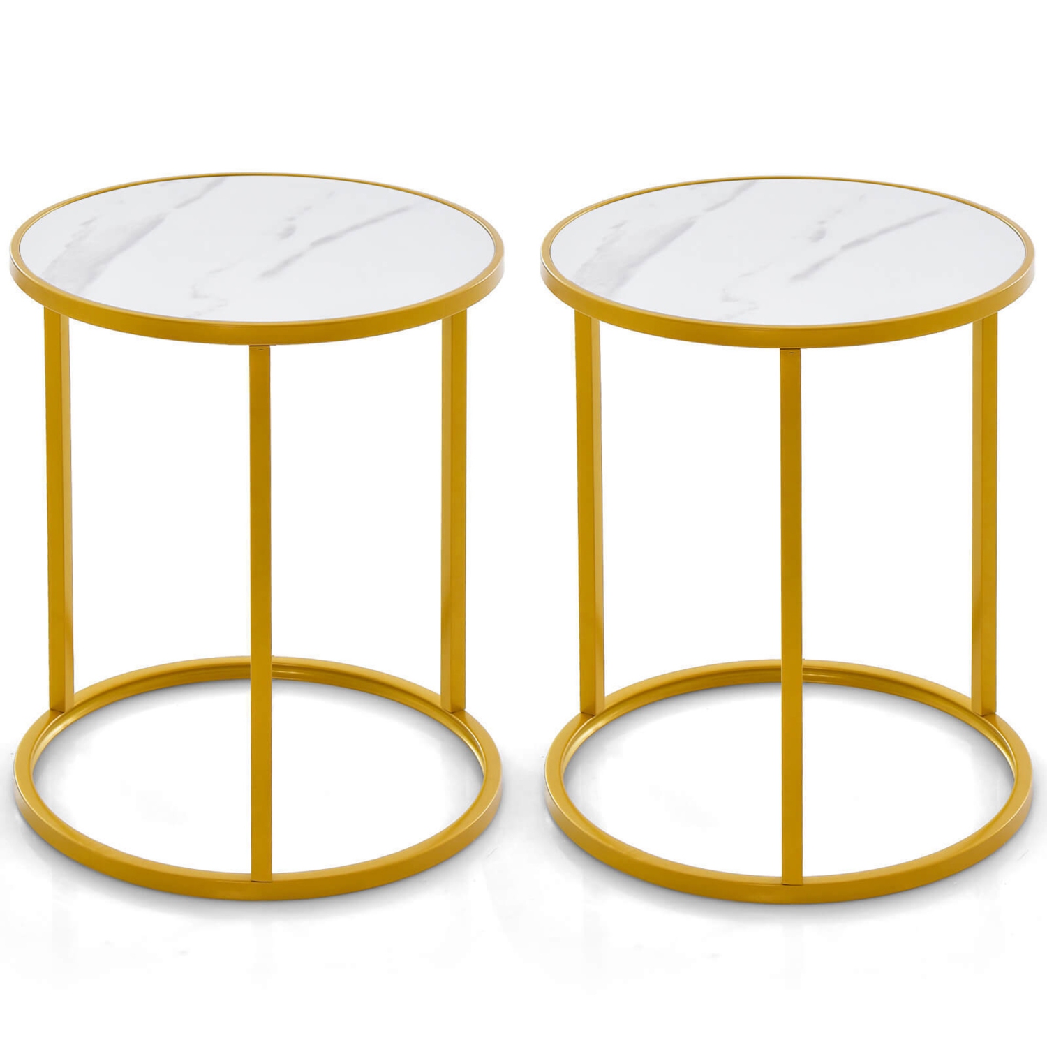 Gymax 2PCS Sintered Stone Top Round Side Table 16''x16'' End Table w/ Golden Metal Frame Gold