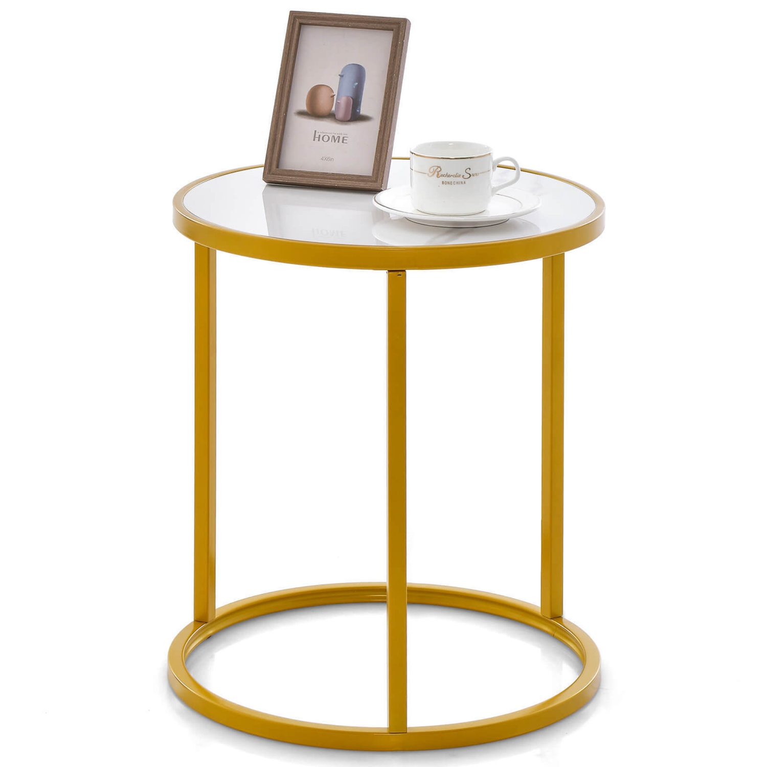 Gymax Marble Top Round Side Table 19.5''x19.5'' End Table w/ Golden Metal Frame Gold