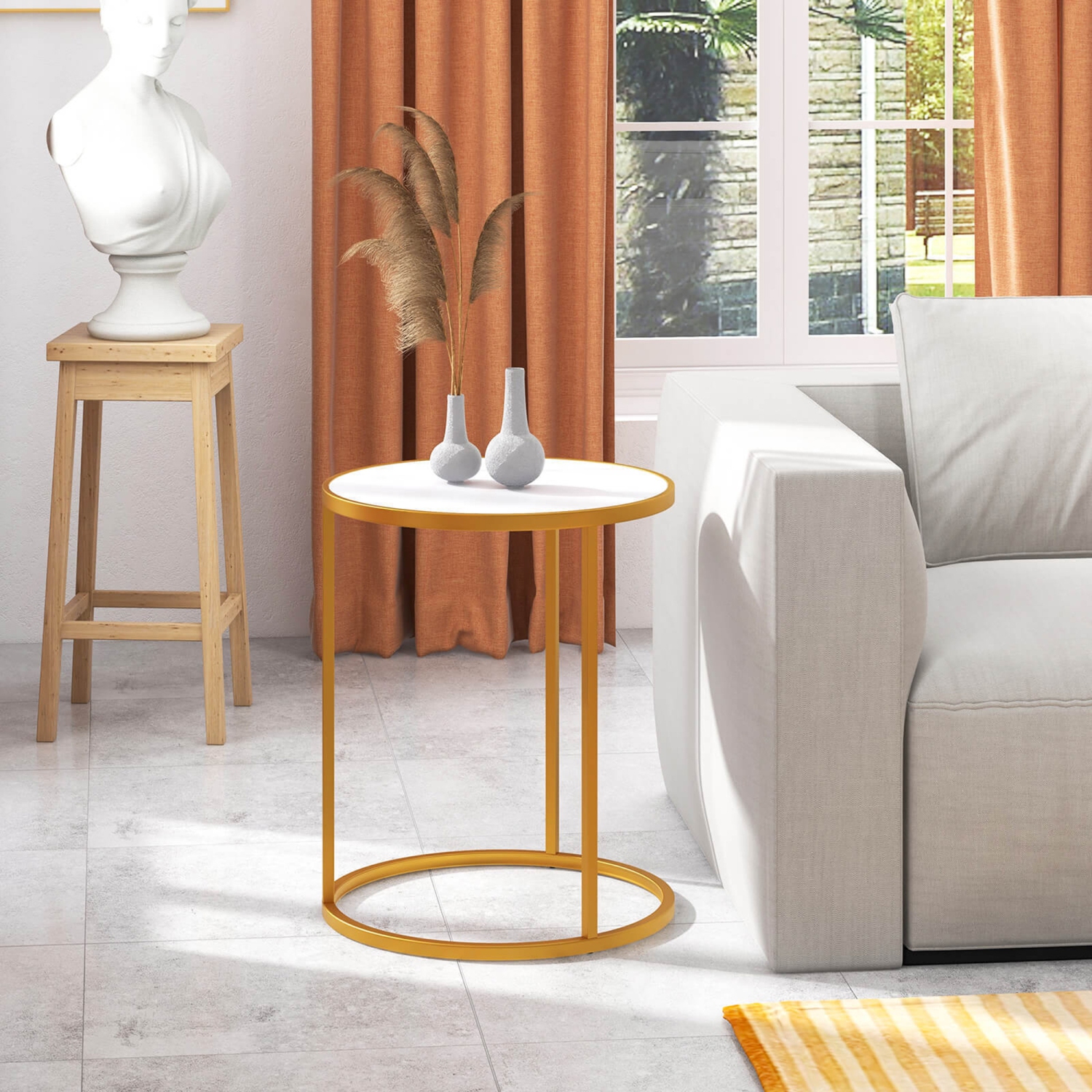 Gymax Marble Top Round Side Table 19.5''x19.5'' End Table w/ Golden Metal Frame Gold