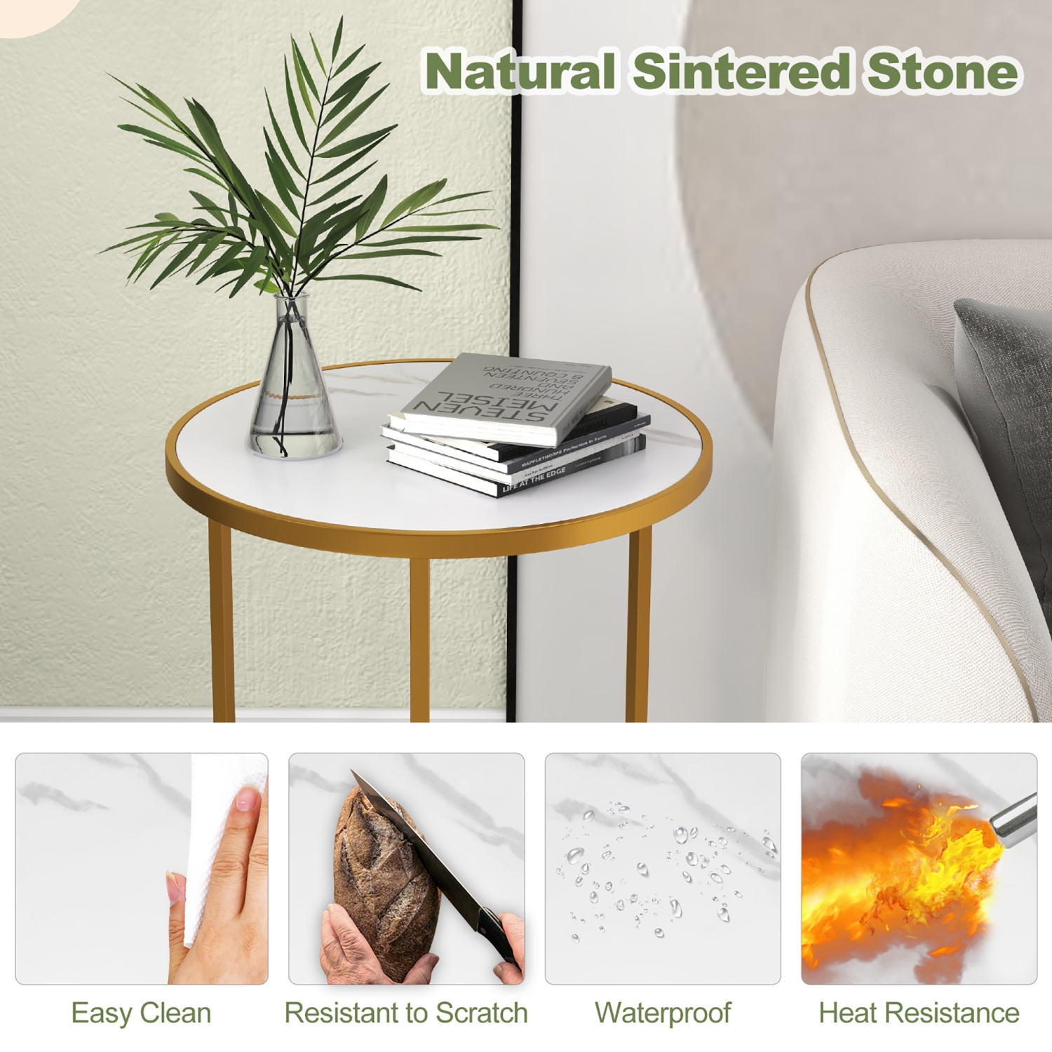 Gymax Marble Top Round Side Table 19.5''x19.5'' End Table w/ Golden Metal Frame Gold