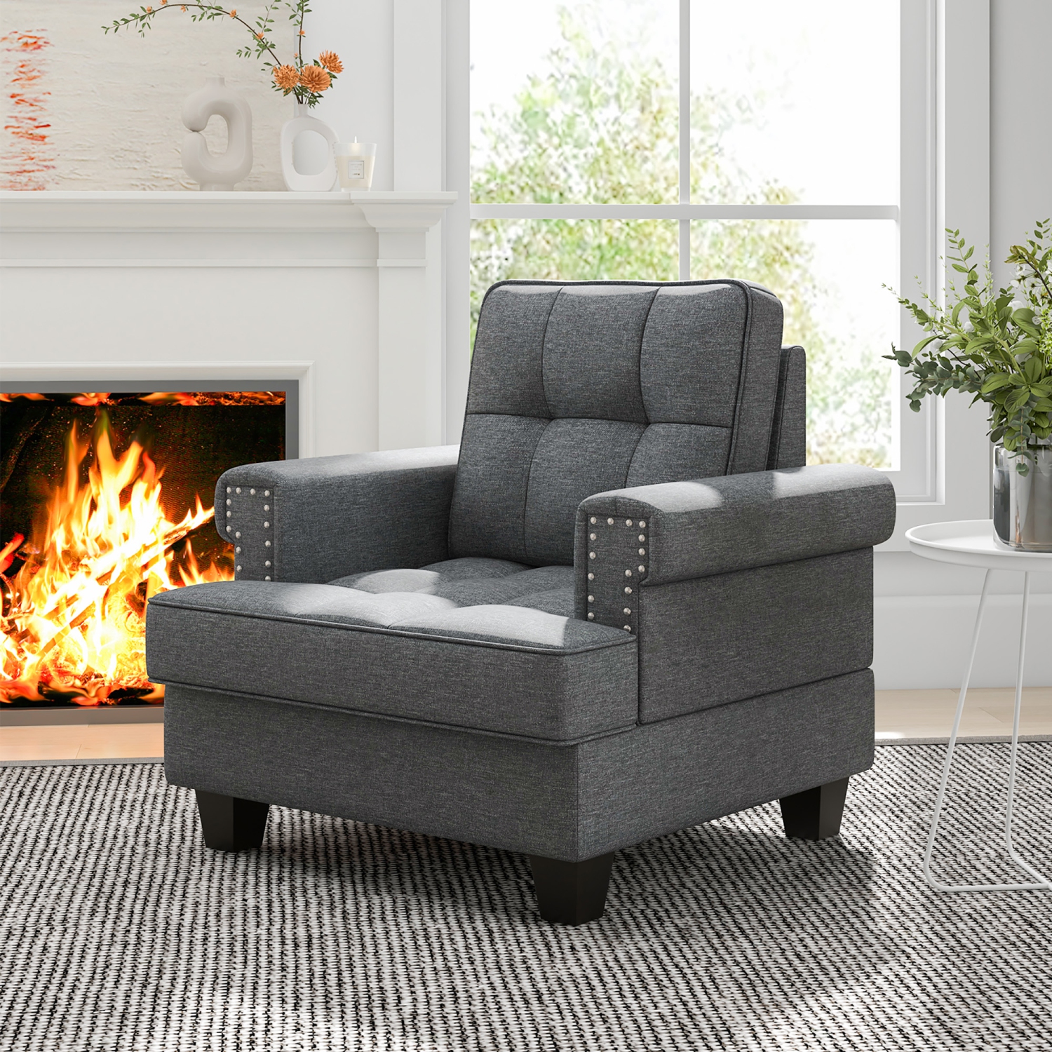 Gymax Mid-century Modern Accent Armchair with Thick Pillow & Cushion Studded Chair