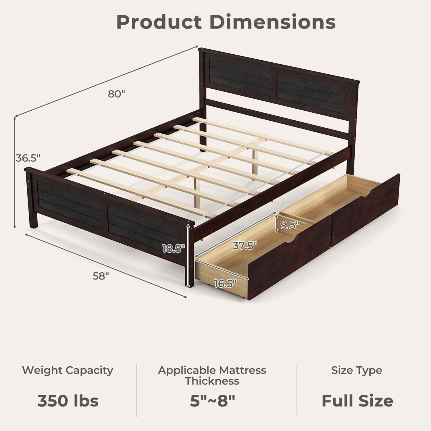 Gymax Full Size Wooden Bed Frame with 2 Storage Drawers & Under-bed Storage Espresso