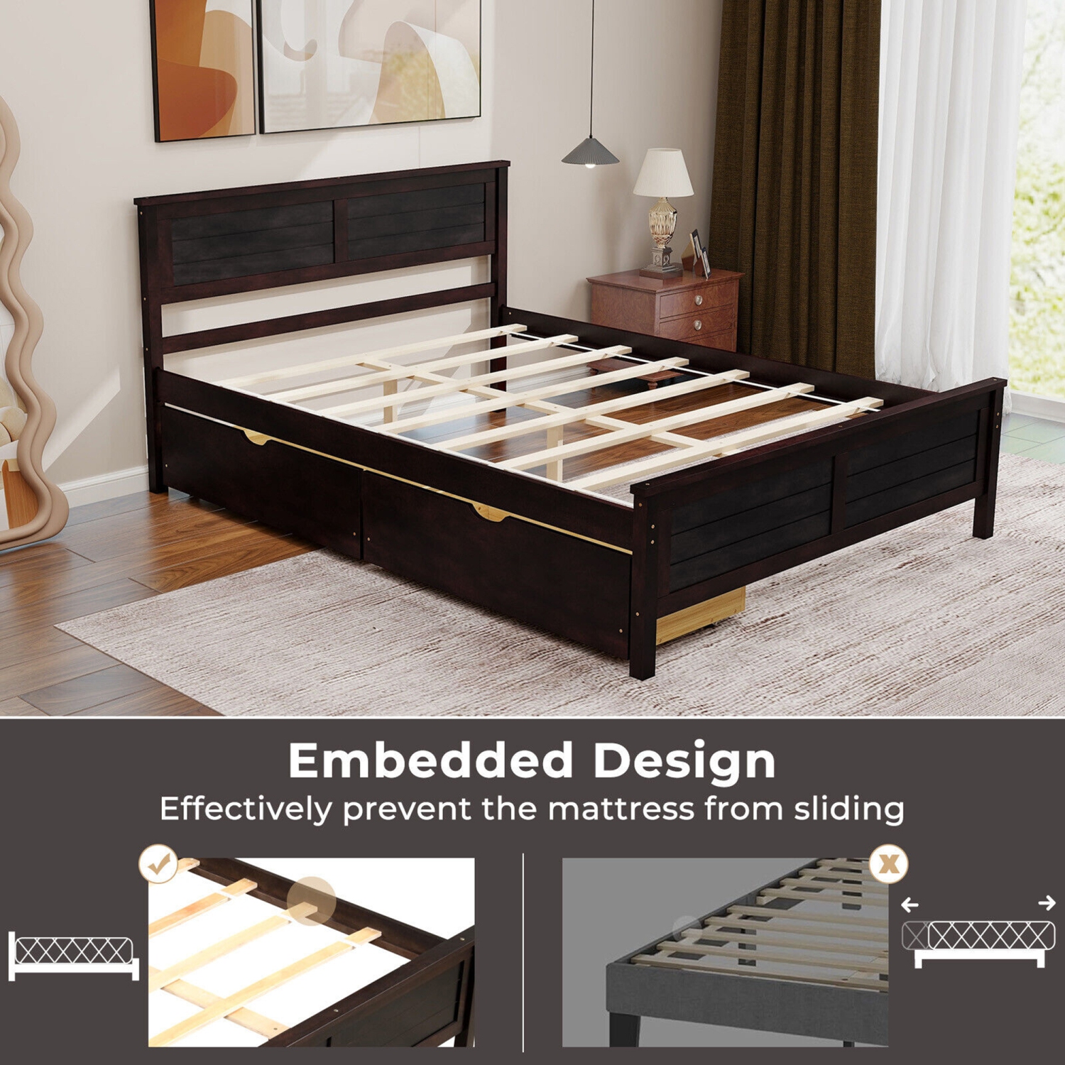 Gymax Full Size Wooden Bed Frame with 2 Storage Drawers & Under-bed Storage Espresso