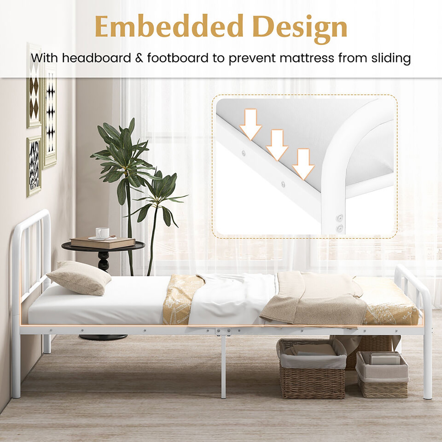 Gymax 12-Inch Twin Bed Frame Modern Metal Platform Bed w/ Headboard & Footboard White