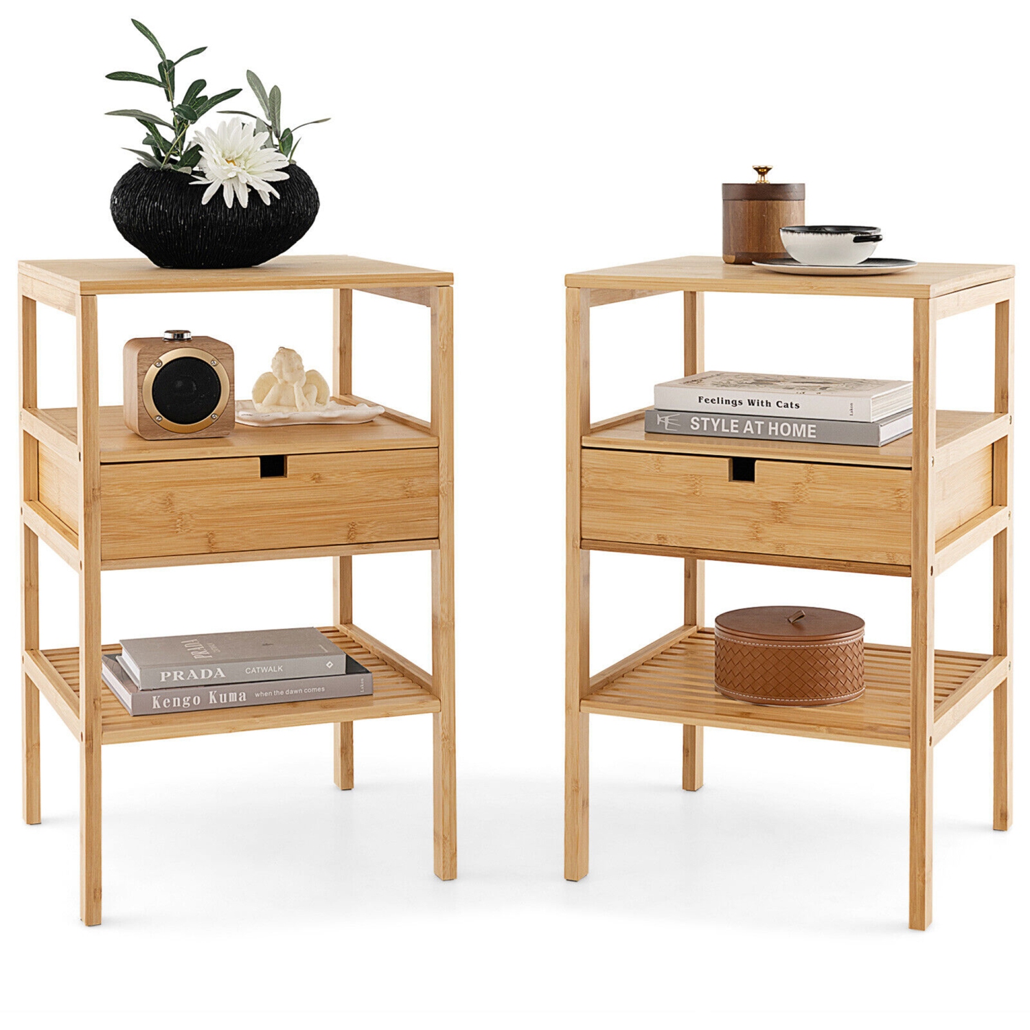 Gymax Bamboo Nightstands Set of 2 w/ Pull-out Drawer and Storage Shelf Wood Natural