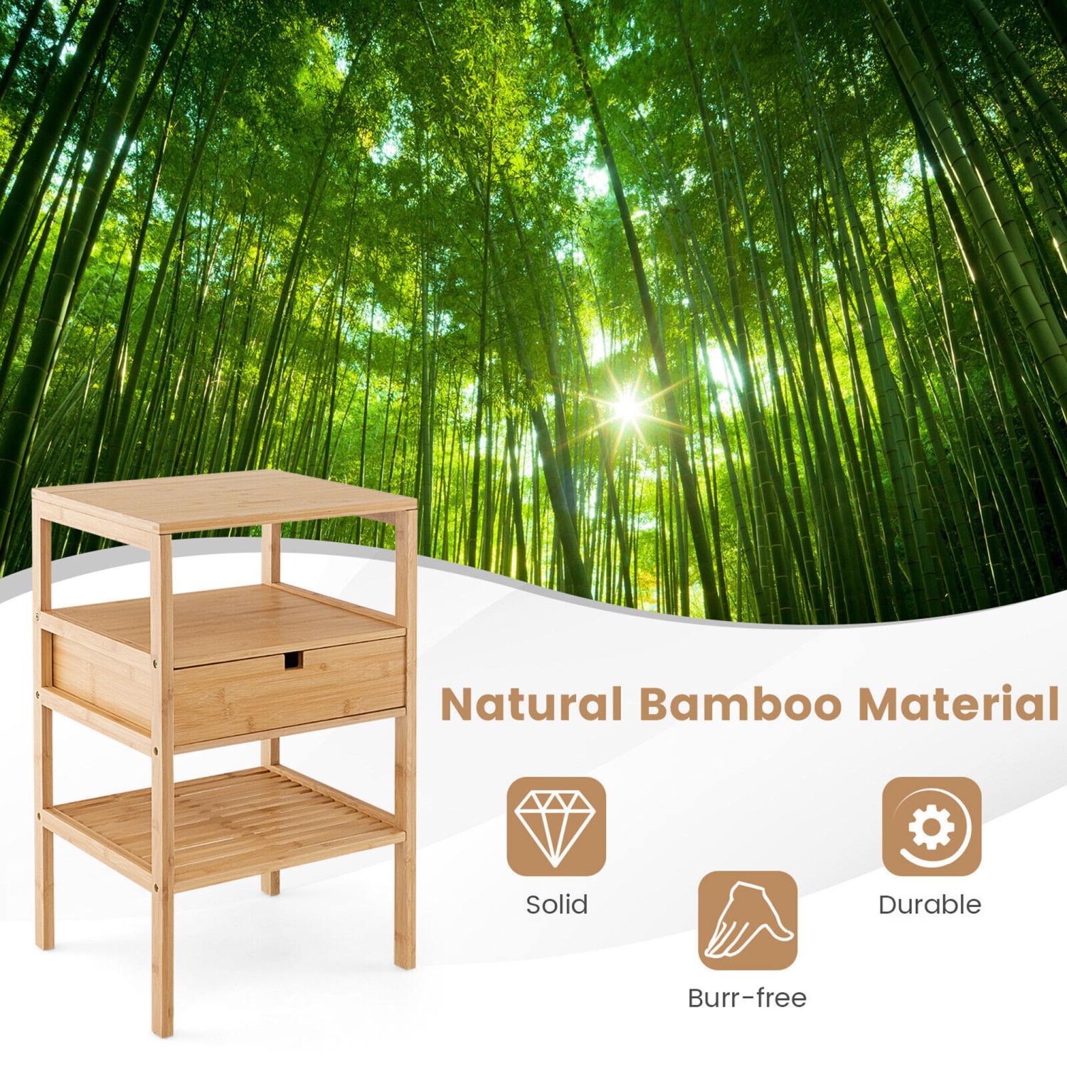 Gymax Bamboo Nightstands Set of 2 w/ Pull-out Drawer and Storage Shelf Wood Natural