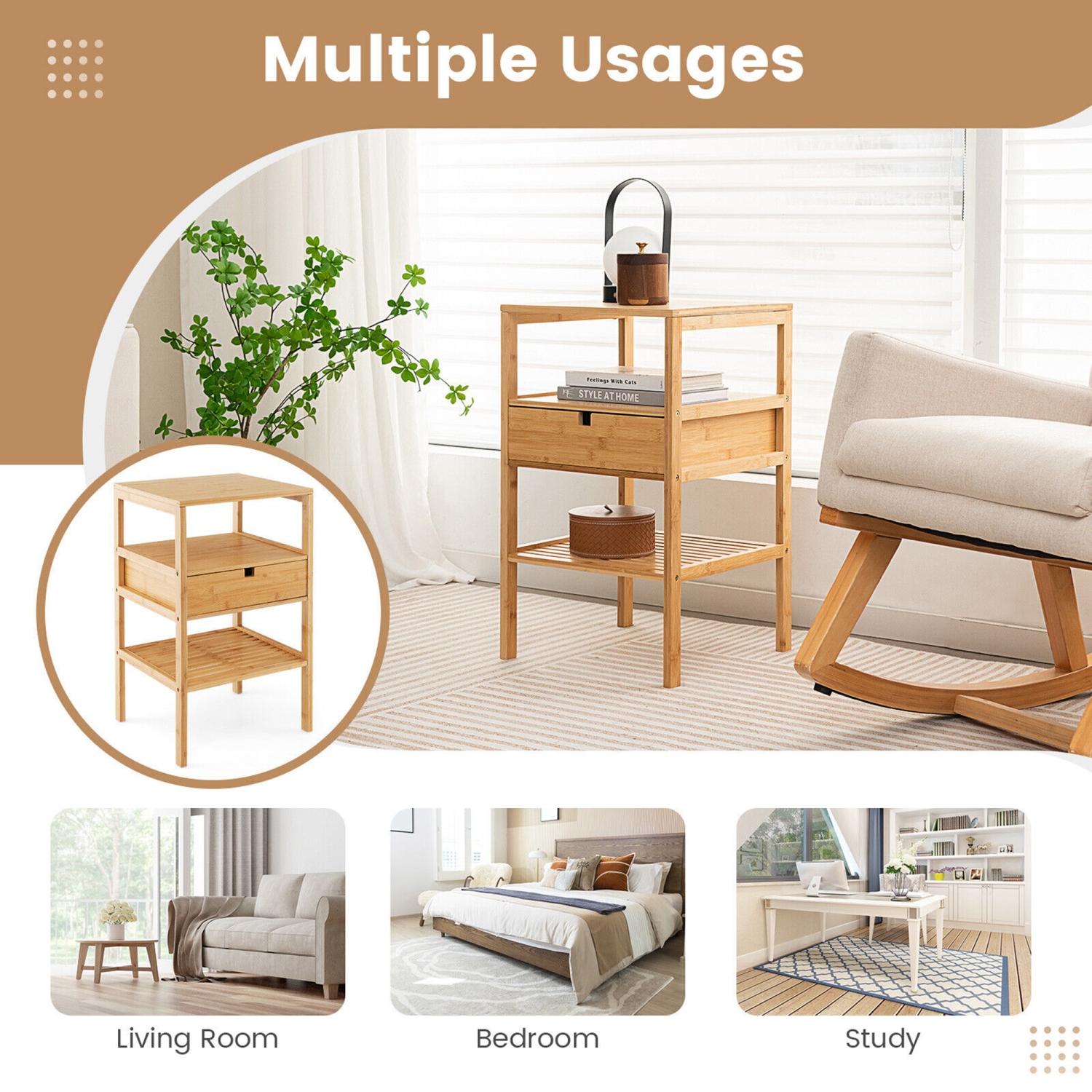 Gymax Bamboo Nightstands Set of 2 w/ Pull-out Drawer and Storage Shelf Wood Natural