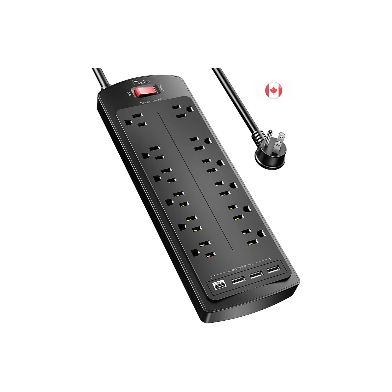 Advanced Surge Protector Power Bar: 12 Outlets, 4 USB Ports, 6Ft Extension Cord (1875W/15A), 2700 Joules, ETL Listed - Ideal for Dorms, Black