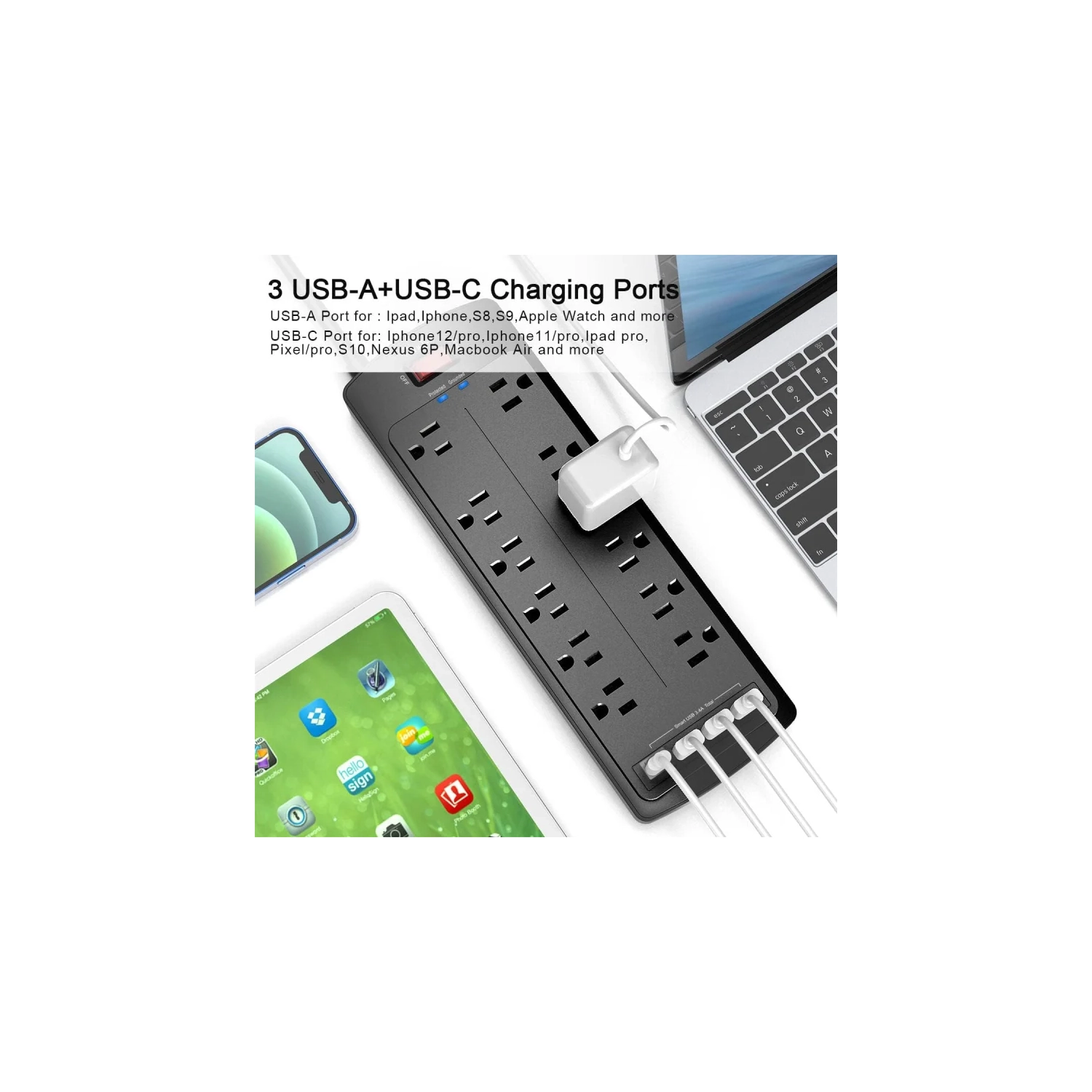 Barre d'alimentation avec parasurtenseur de pointe : 12 prises, 4 ports USB, rallonge de 6ft pi, 2700 joules, ETL, idéal pour les dortoirs, Noir