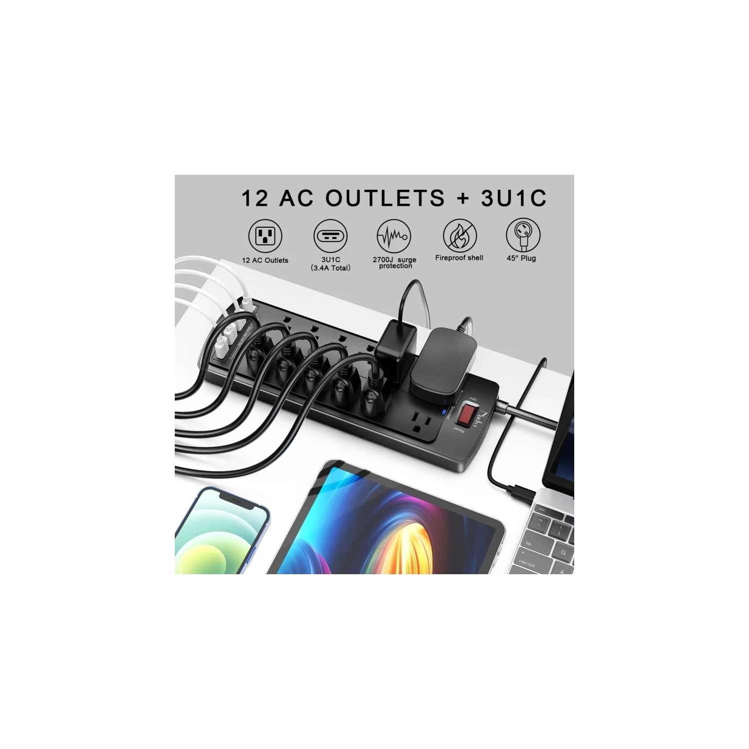 Barre d'alimentation avec parasurtenseur de pointe : 12 prises, 4 ports USB, rallonge de 6ft pi, 2700 joules, ETL, idéal pour les dortoirs, Noir