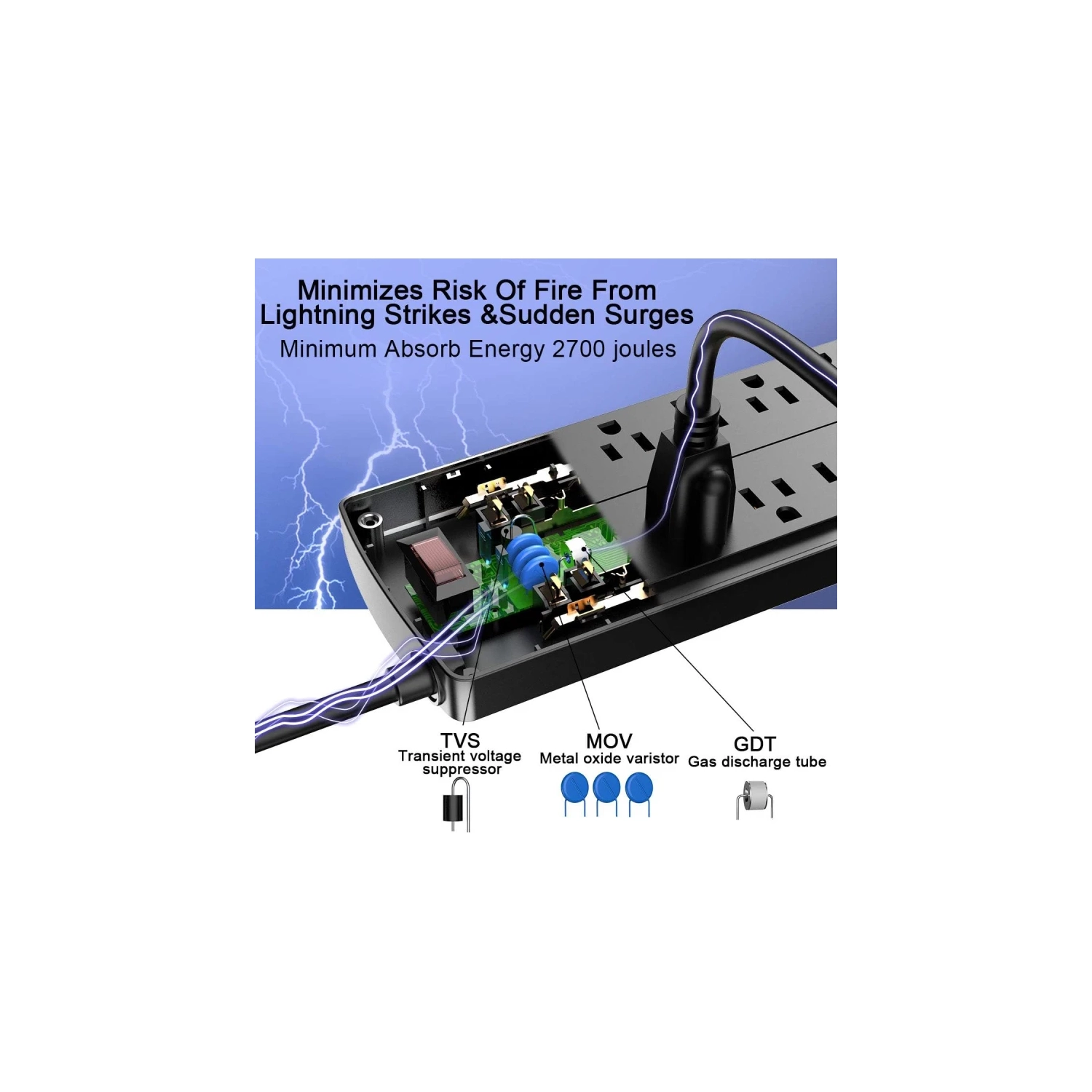 Barre d'alimentation avec parasurtenseur de pointe : 12 prises, 4 ports USB, rallonge de 6ft pi, 2700 joules, ETL, idéal pour les dortoirs, Noir